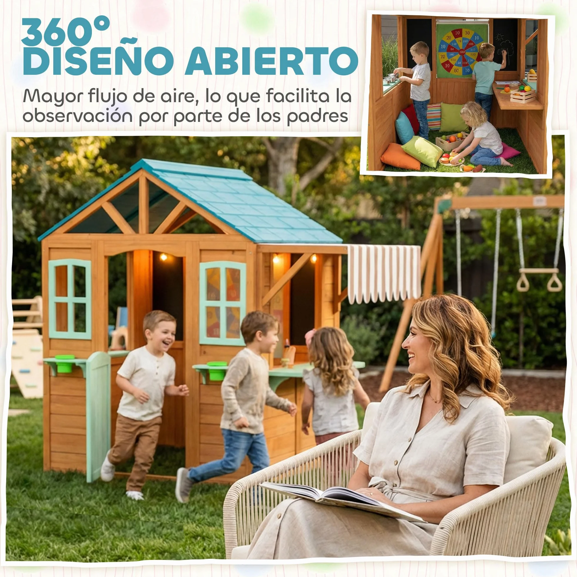 AIYAPLAY Casita Infantil Madera Exterior Interior con Barra Snack Maceteros Pizarra Ventanas Tela Tiro Pelotas Jardín Niños 3-6 Años Multicolor