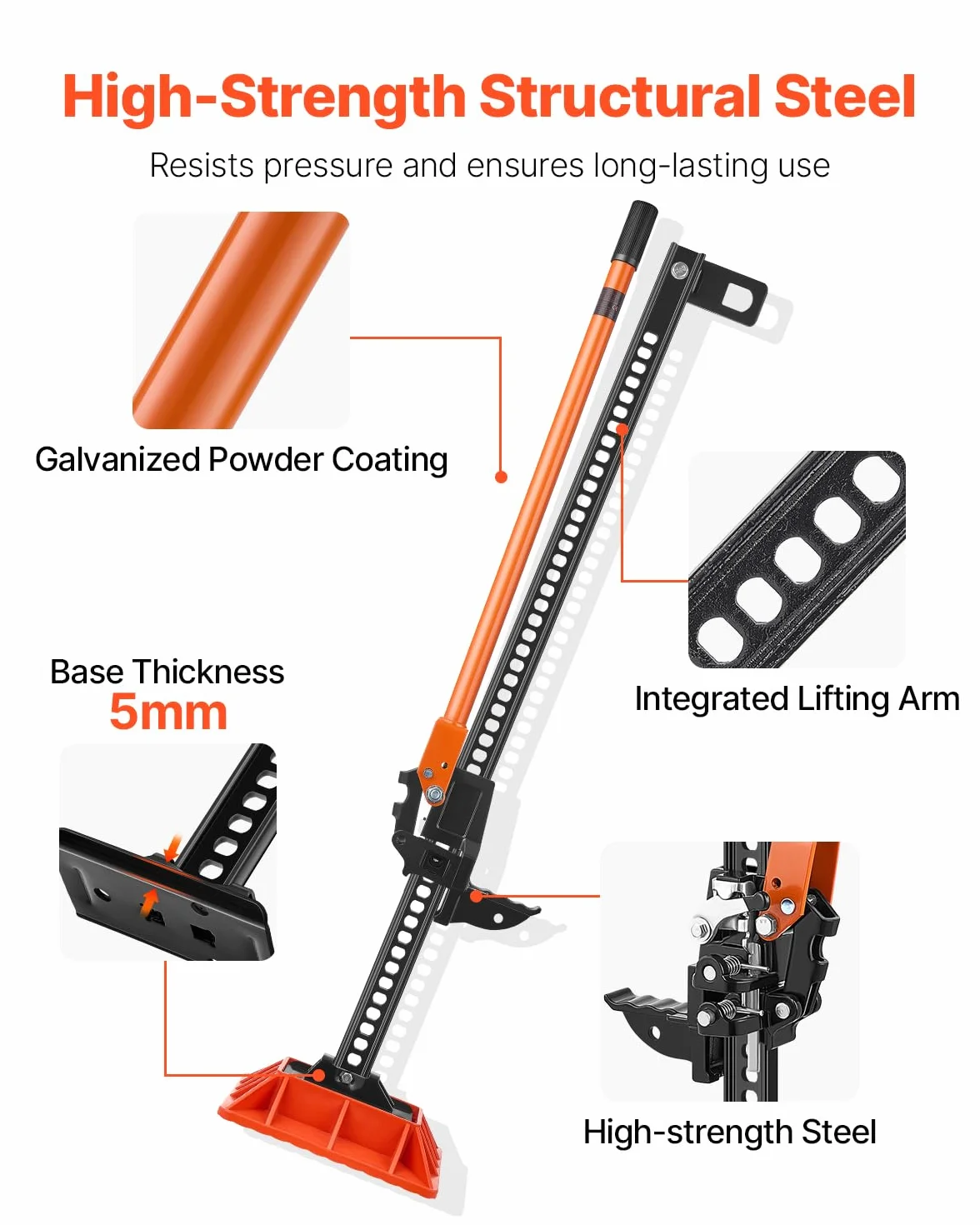 VEVOR Gato Agrícola con Base 122 cm con Elevación Alta y Trinquete Carga Máxima de 3,18 T para Uso Todoterreno de Alta Resistencia con Rango de Elevación de 130,1-1079,5 mm para Tractor, Camión, SUV