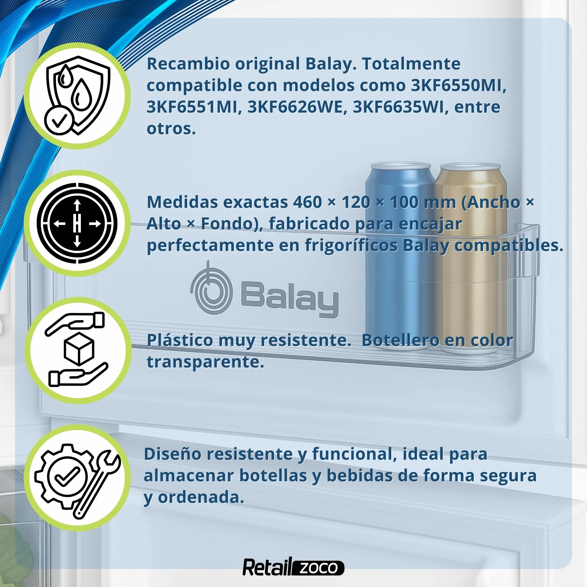 Estante Botellero Frigorífico compatible con Balay, Botellero inferior para nevera 3KF6550MI 3KF6551MI 3KF6626WE 3KF6635WI