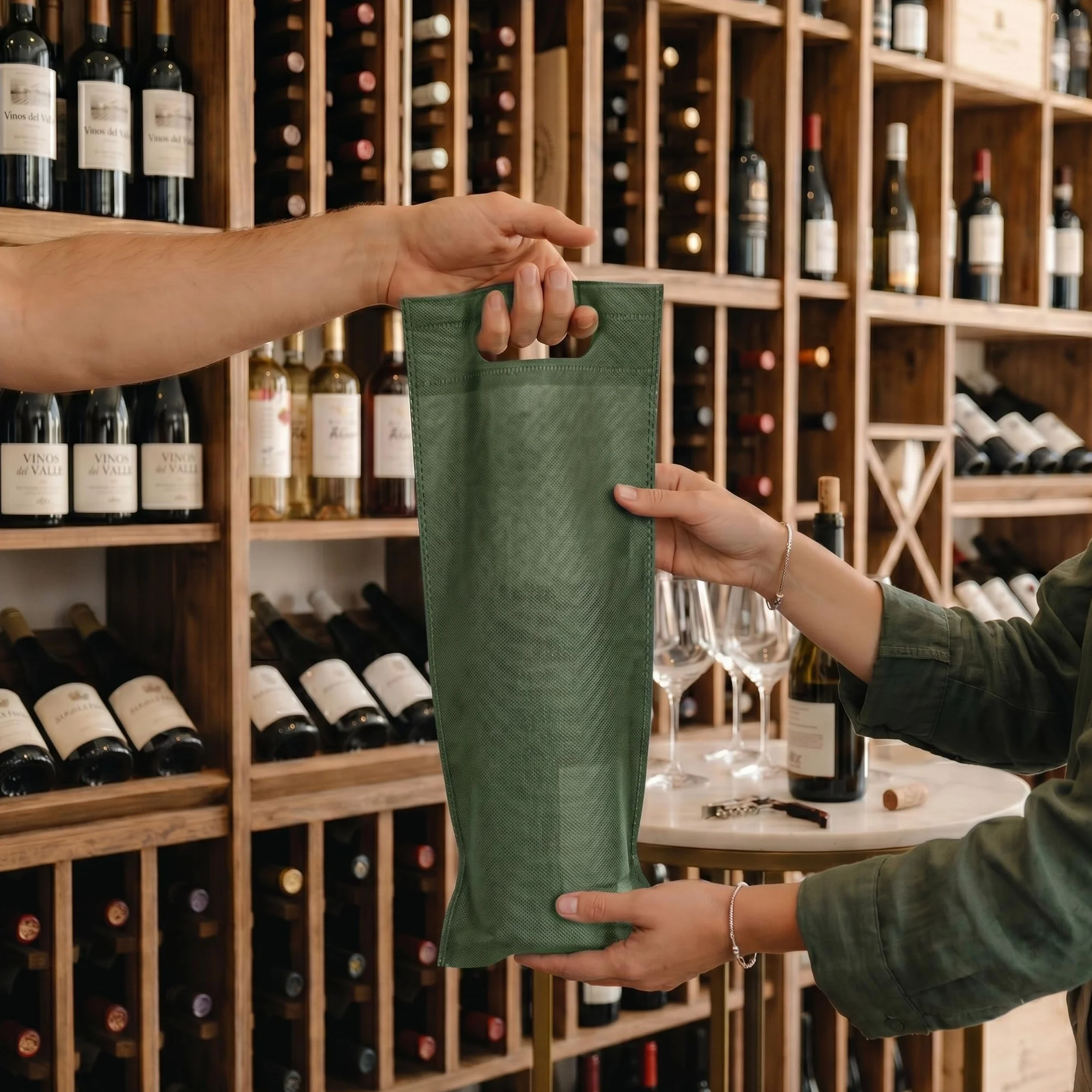 Bolsas de Botella de Vino en Tela no Tejida Non-Woven Termosellado con Asa 50 Verde