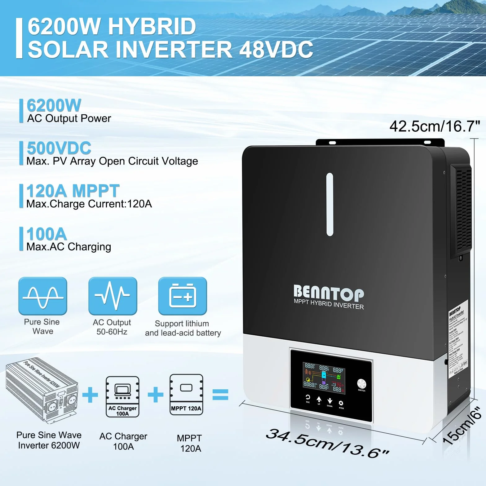 6200W Inversor Híbrido 48V,Inversor Solar Híbrido 48V de Onda Sinusoidal Pura Off-Grid,MAX.PV 500Vdc,120A MPPT,para baterías de Plomo y Litio