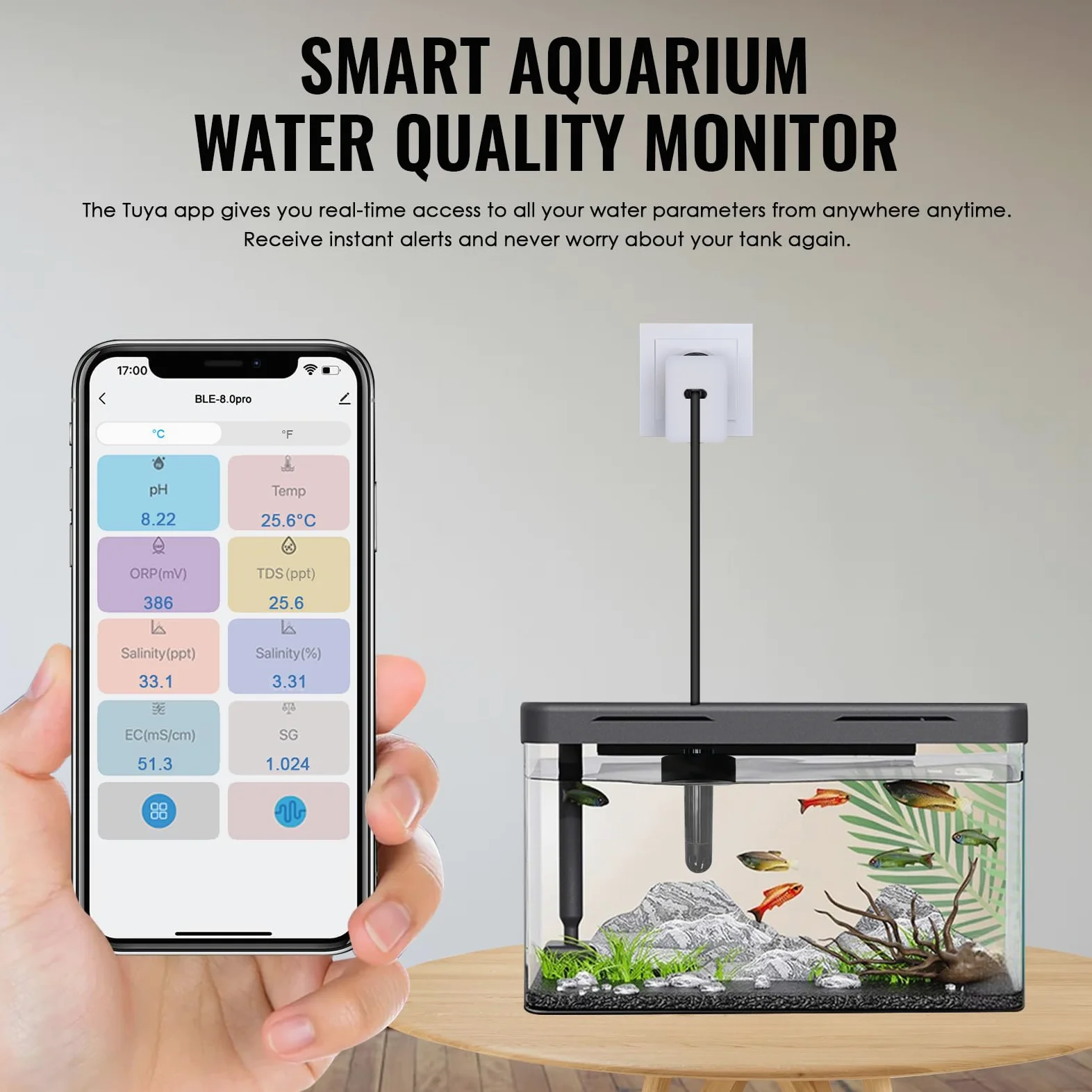 TEKCOPLUS Monitor inteligente WiFi de calidad del agua, 7 en 1, probador digital de acuario e hidropónico para pH, temperatura, TDS, salinidad EC, gravedad específica y sonda multiparámetro ORP en