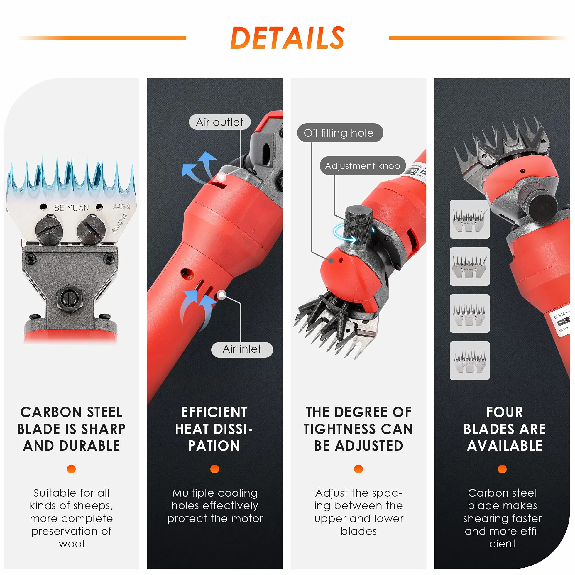 CGOLDENWALL Máquina De Esquilar Eléctrica 750w, Motor De Cobre De Alta Rendimiento 2400rpm, 4 Tipos De Cuchillas (Rectas 9&13/Curvas 9&13) Para Oveja, Cabra, Caballo, Ternera, Alpaca, Camello
