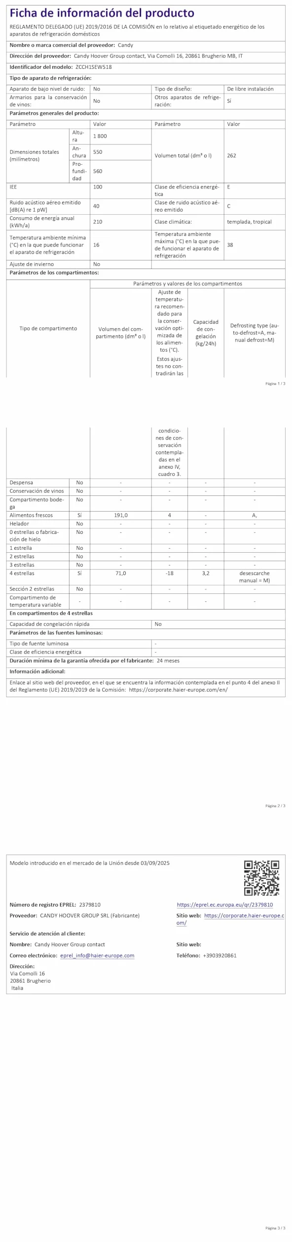 Candy Frigorífico Combi ZCCH1SEW518 262L 55x180cm Blanco