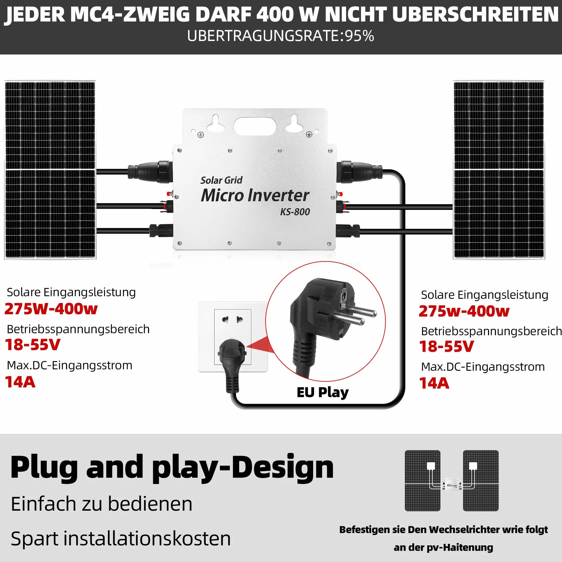 Micro inversor 800W,Inversor Central Eléctrica de Balcón con Pantalla de monitorización de Datos AC IP67 con WLAN App para 2 módulos solares para Balcony Power Station