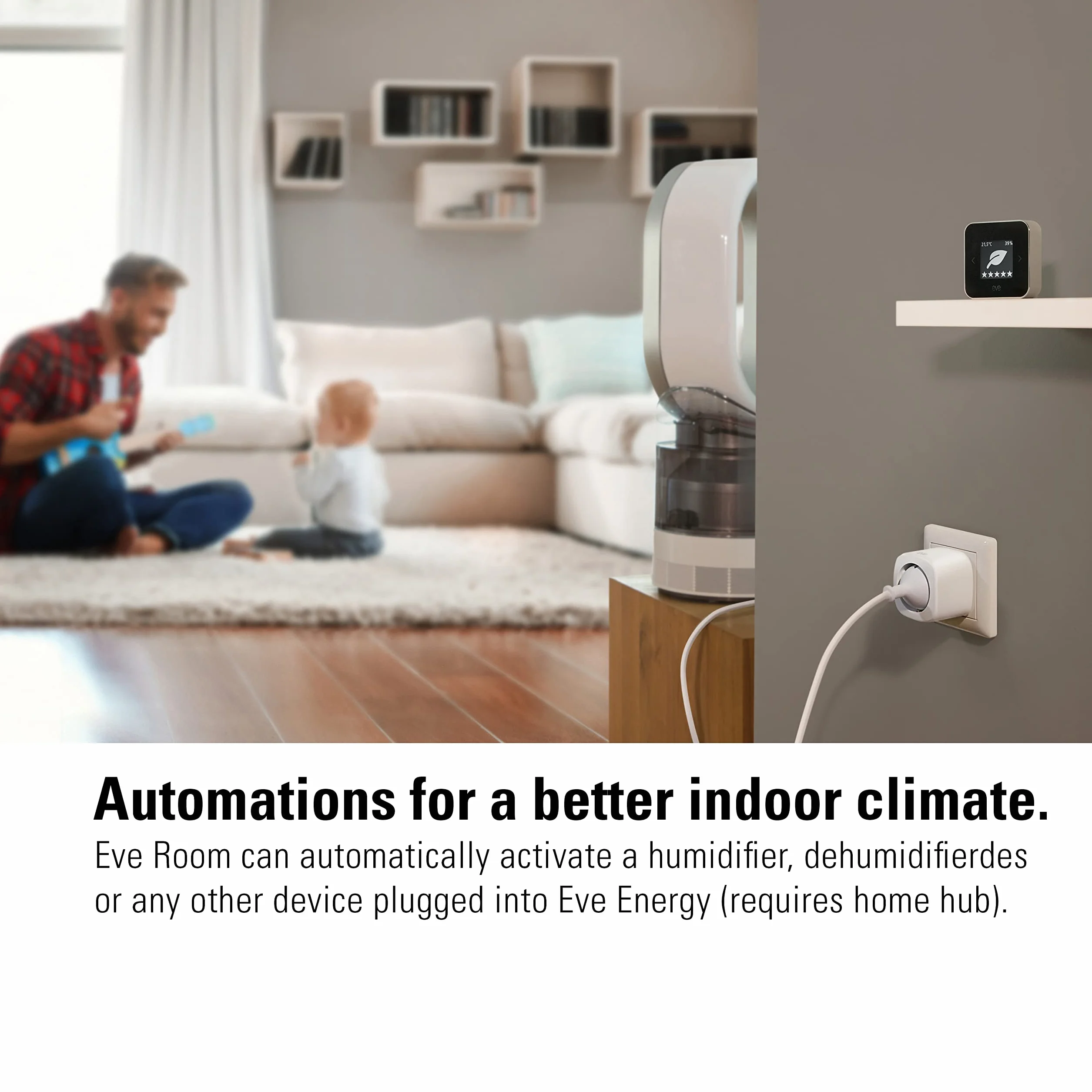Eve Room – Sensor de calidad del aire para interior para registrar la calidad del aire (COV), temperatura y humedad, tecnología Apple HomeKit, Bluetooth, Thread