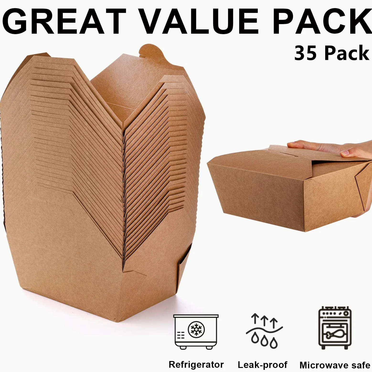 DEAYOU Paquete de 35 envases de comida Kraft para llevar de 12 onzas, cajas de comida de papel marrón con tapa, almacenamiento de Kraft desechable para ir de embalaje, catering, fiesta