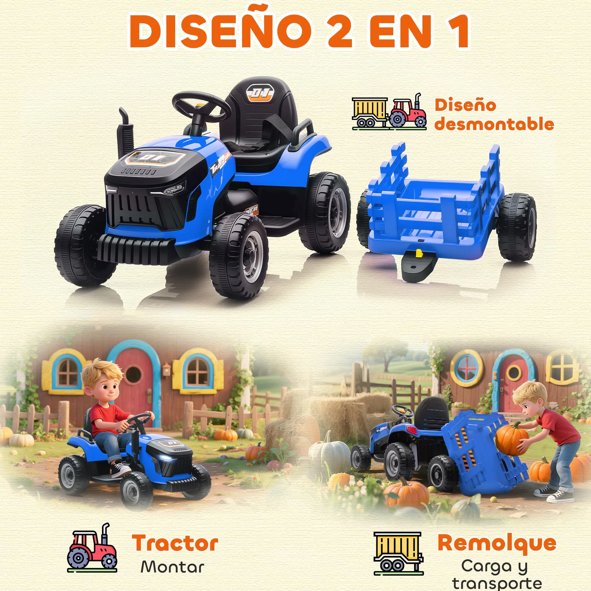 AIYAPLAY Tractor Eléctrico para Niños 12V con Remolque Desmontable, Control Remoto 2,4G, Azul