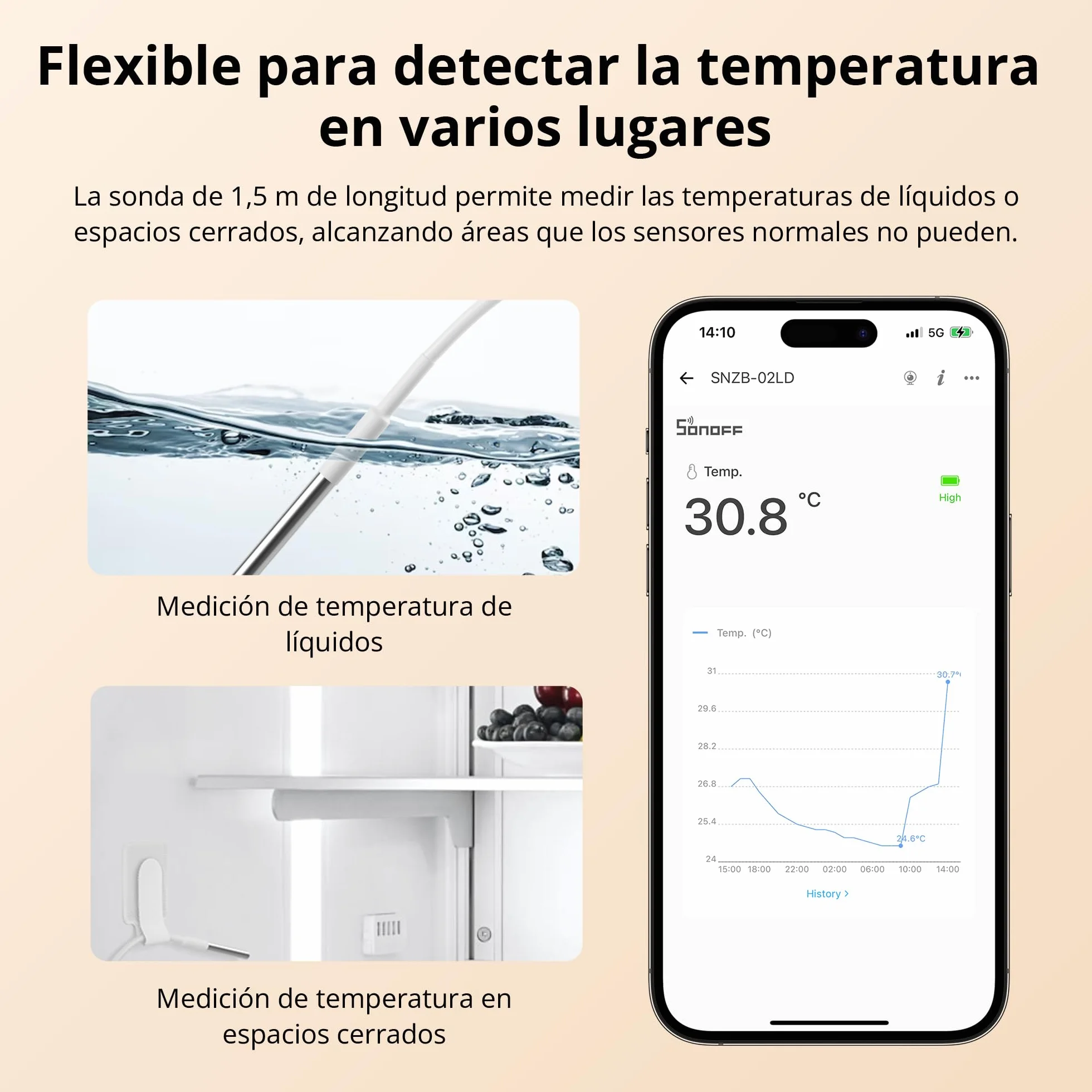 SONOFF SNZB-02LD Sensor Temp. Zigbee 1.5m Sonda Acero Inoxidable LCD -40~115°C APP Soporte Magnético