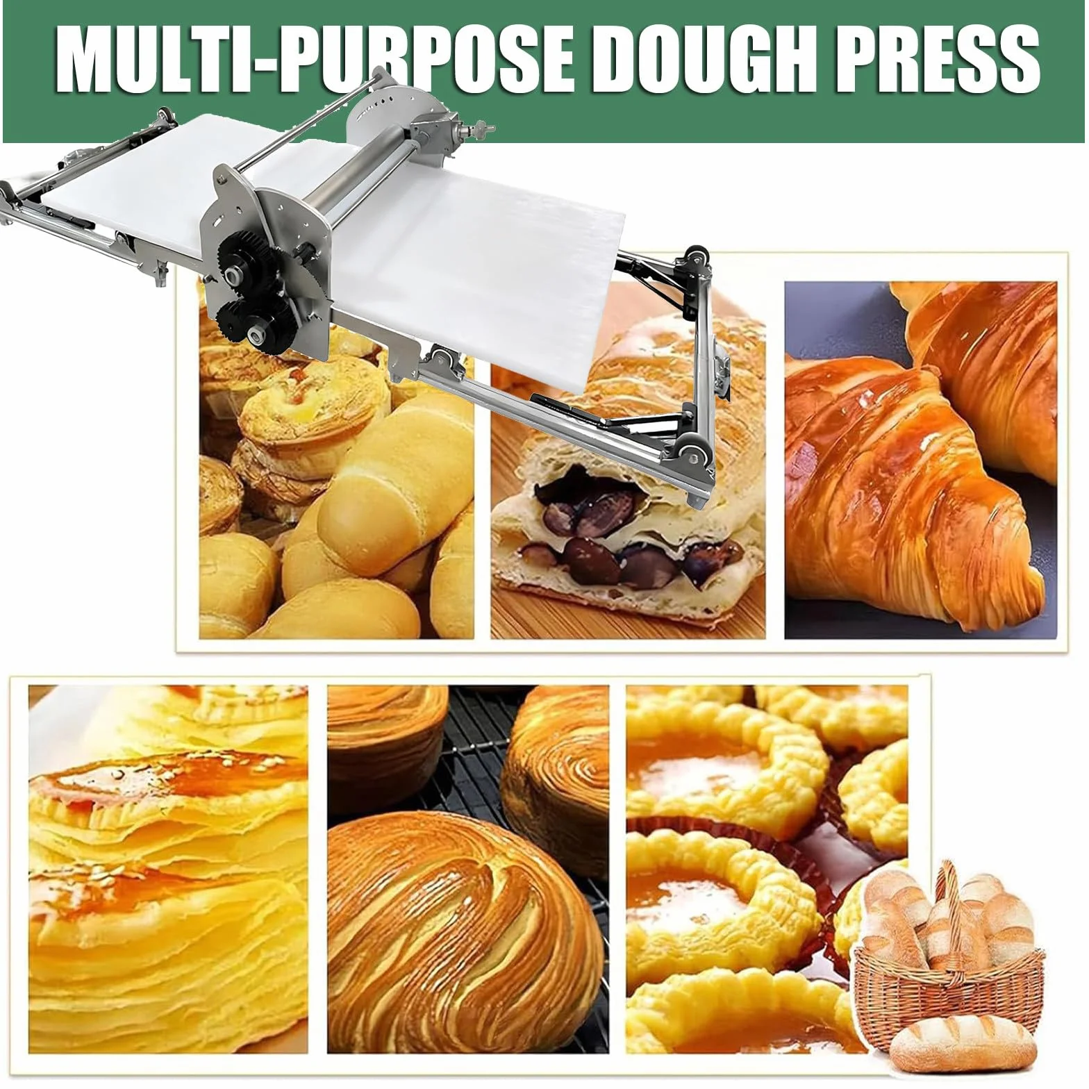 Laminadora De Masa Plegable, Laminadora Eléctrica De Acero Inoxidable, Grosor Ajustable De 1,8 a 3 Cm, Laminado hacia Adelante Y hacia Atrás, para Hojaldre Y Pastelería.