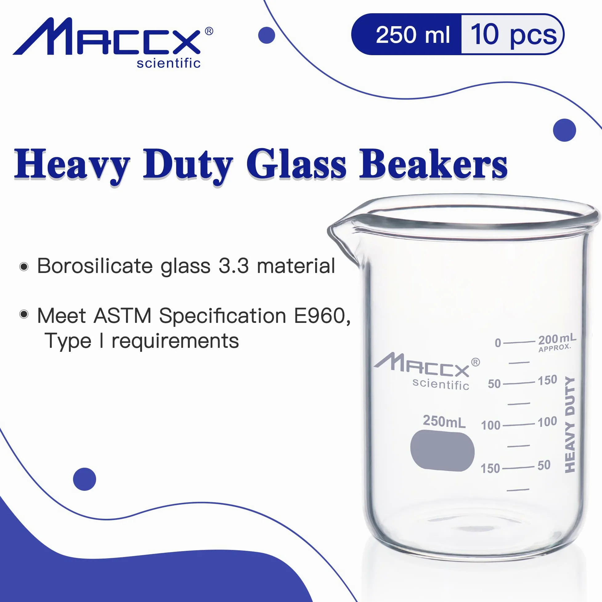 BKL250-006 - Vaso de vidrio resistente de 250 ml, forma baja de griffin de borosilicato con graduación impresa, paquete de 6