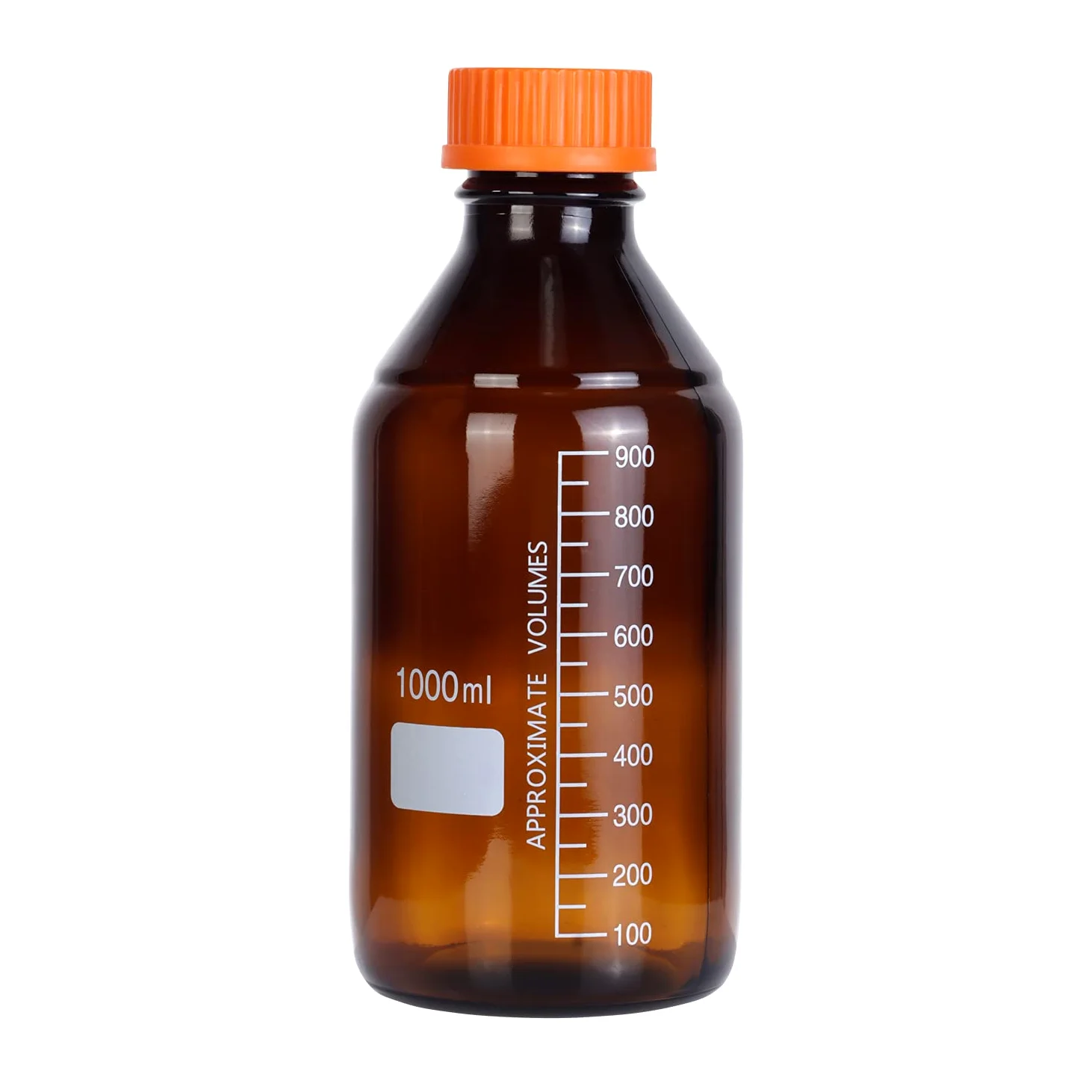 Moonetto Paquete de 4 botellas de vidrio de borosilicato ámbar de 1000 ml de reactivo de laboratorio/botella de almacenamiento con tapón de rosca naranja GL45