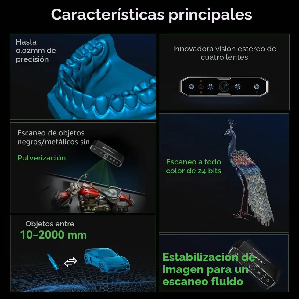 Creality CR-Scan Otter - Escáner 3D (0,02 mm, visión estéreo de cuatro lentes, escaneo a color de 24 bits para objetos de 10 a 2000 mm, color negro/metálico sin pulverización)