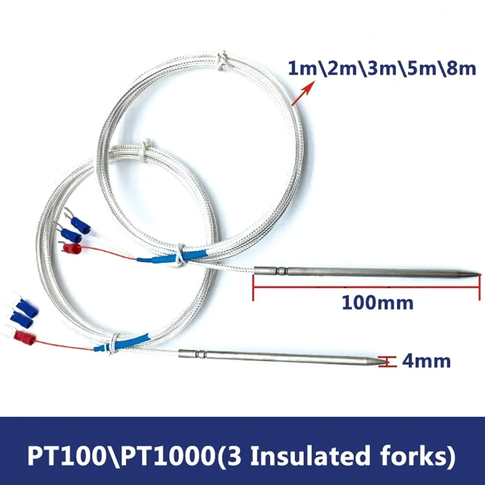 NTCPT100PT1000 Clase A Sensor de Temperatura 4X100mm Cable con Punta de Aguja Cable blindado 1-8m Metro(PT100-4X200mm-10m)