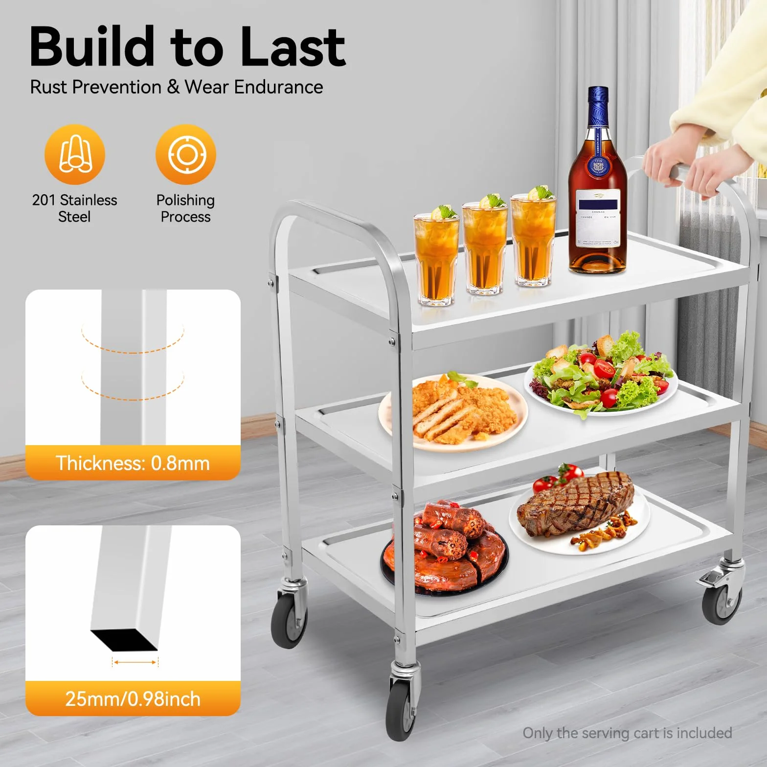 Carro de servicio de 3 niveles de acero inoxidable con ruedas y freno, carrito de cocina para cocina, restaurante, laboratorio y medicina, ruedas universales para uso doméstico y comercial