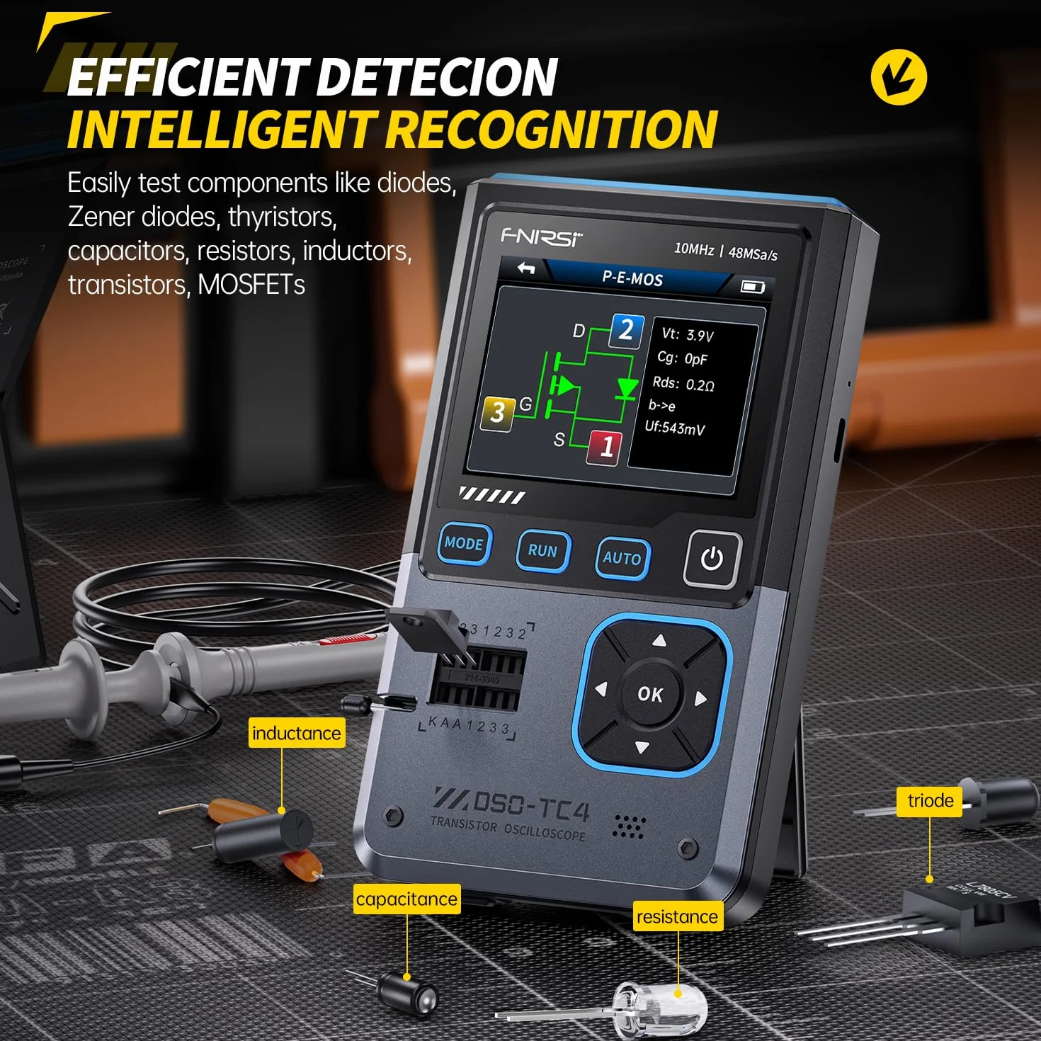 Osciloscopio,3 en 1 Osciloscopio Digital 10MHz Ancho de Banda 48Ms/s Muestreo 13 Salidas de Señal Un Botón Comprobador Automático de Transistores Comprobador de Componentes,Español Conmutable