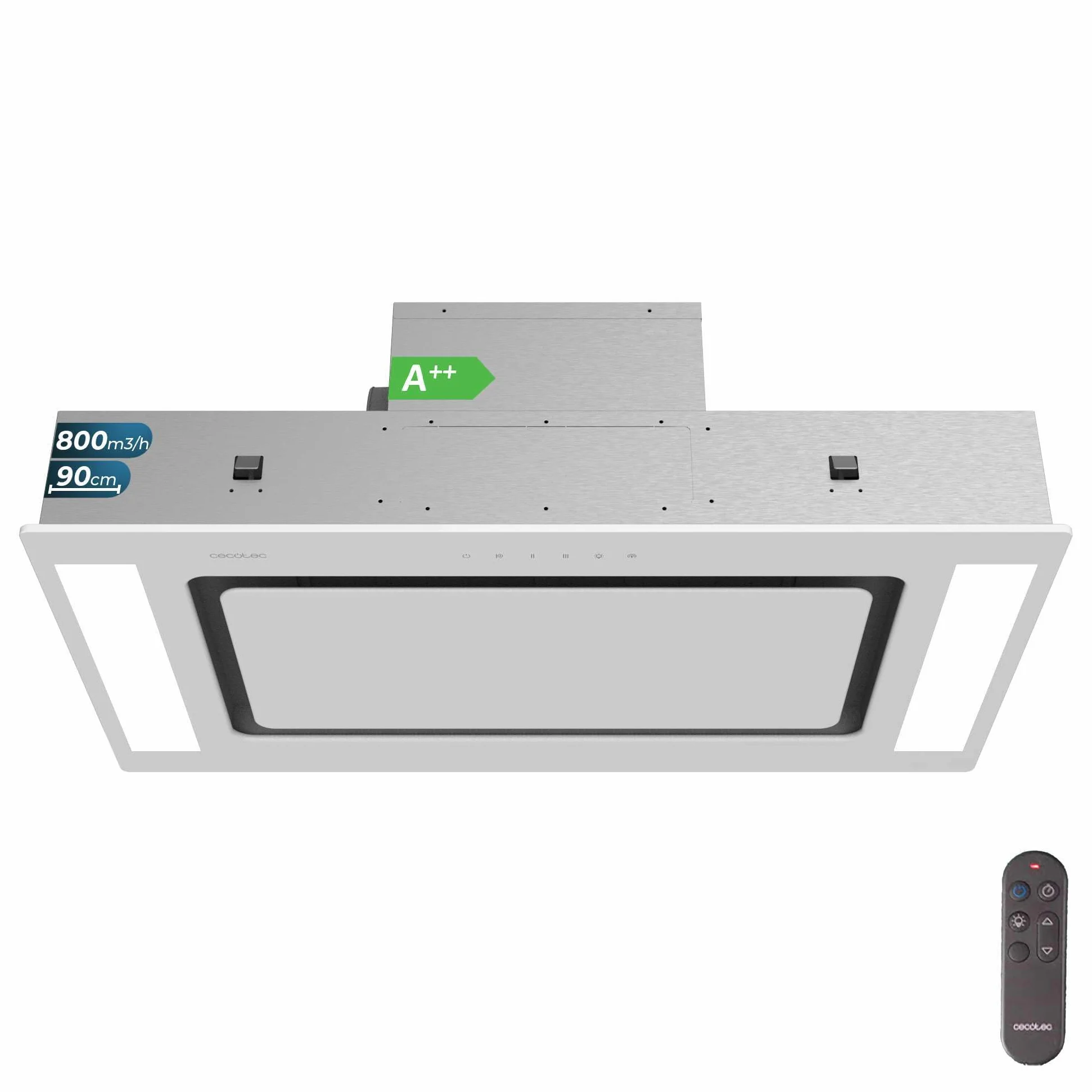 Cecotec Campana Extractora 90 Cm Integrable De Techo Bolero Flux Tir 908000 Glass White A++ Succión 800M3/H Control Remoto Filtro Carbono Booster