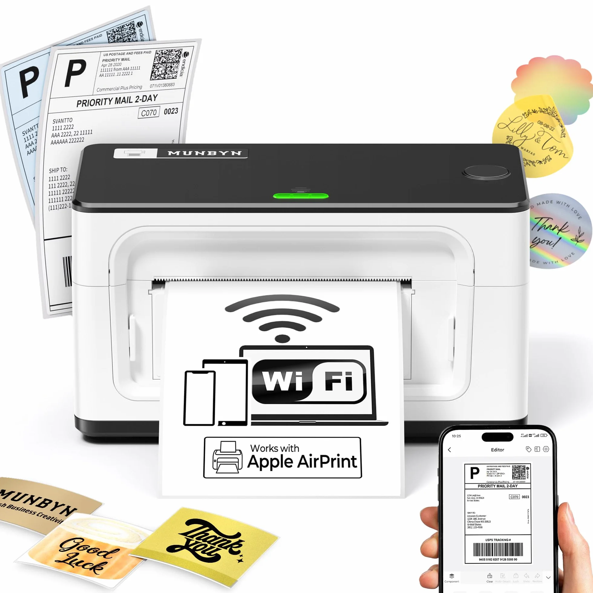 MUNBYN Impresora de Etiquetas térmica AirPrint, WiFi Impresora Etiquetas de Envío, Compatible con iOS, Android, MacOS, Windows, Chromebook, Amazon, DHL y UPS, Blanco