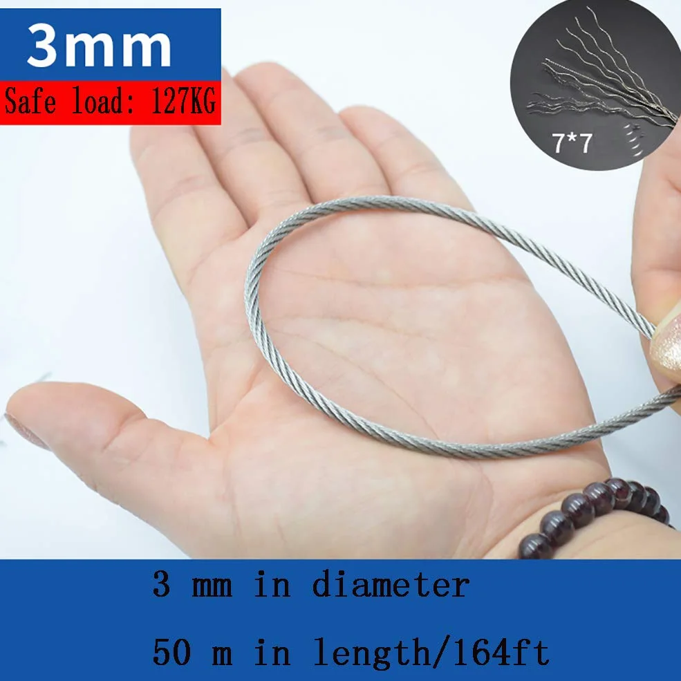 Cuerda de Alambre de Acero Inoxidable de 7 x 7 Hilos Core Aircraft Cable, Diameter3mm Long:50M/164ft