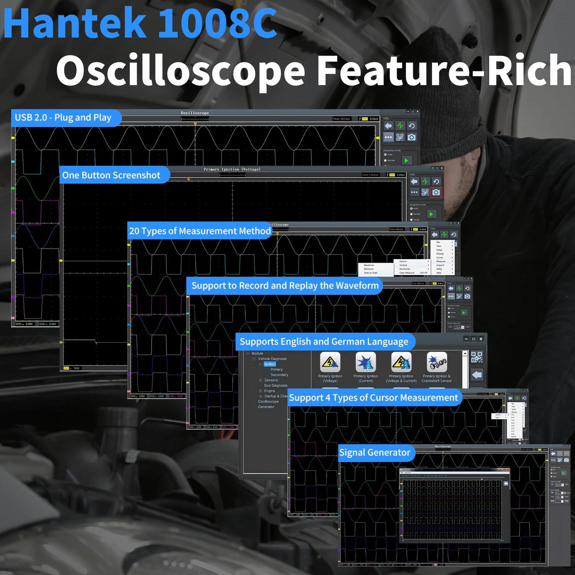 Hantek 1008C Osciloscopio Digital/DAQ/Generador Programable para Vehículos con 8 Canales