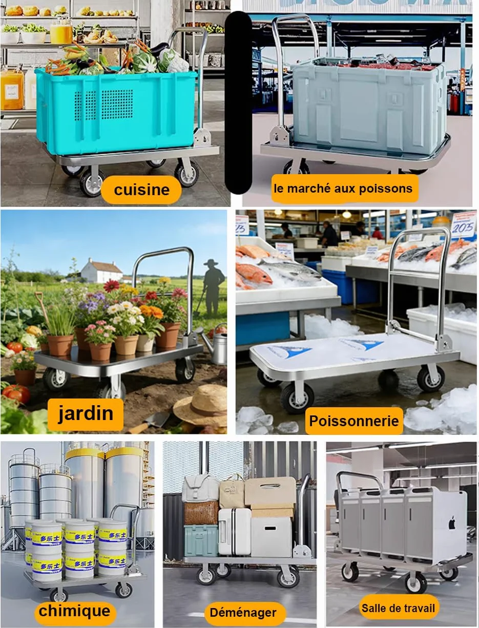 Carrito INOX Plegable 400 kg, Carro de Transporte con Plataforma de Carga Pesada de Acero Inoxidable, Ruedas giratorias 360° (15 cm) y Cama Plana 90x60 cm, Ideal para almacenes y talleres