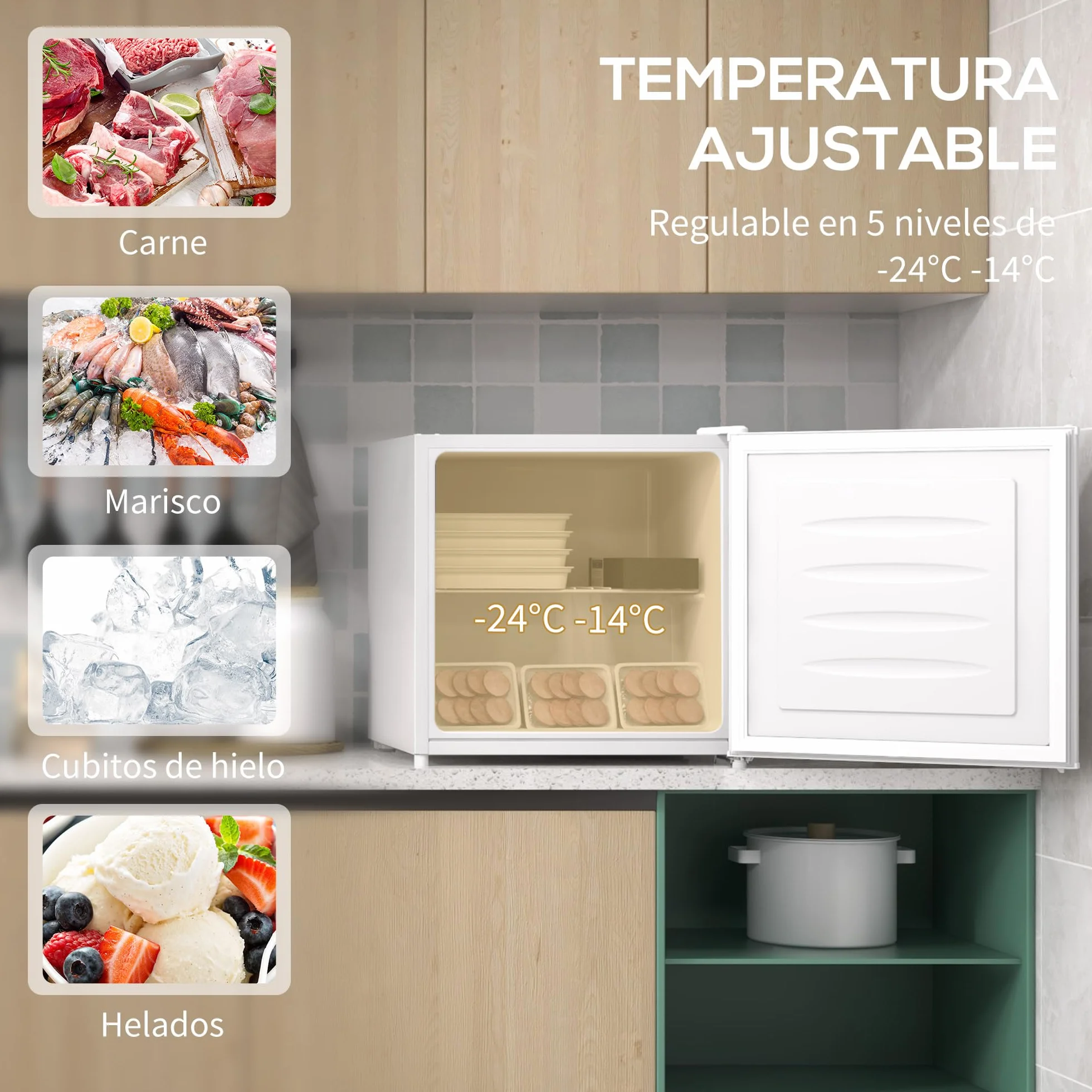 HOMCOM Congelador Vertical 35 L Silencioso Puerta Reversible Temperatura Ajustable Blanco