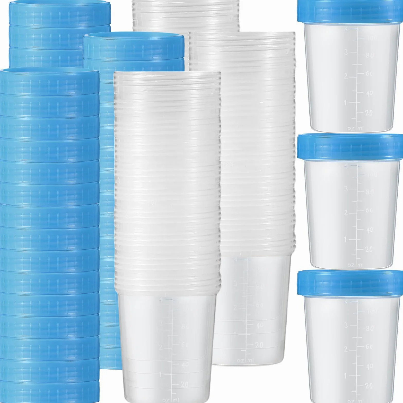 Geiserailie 100 vasos desechables para muestras de 4 onzas, recipientes de orina con rosca a prueba de fugas, kit de recolección de muestras de taburete de un solo uso para pruebas seguras de orina