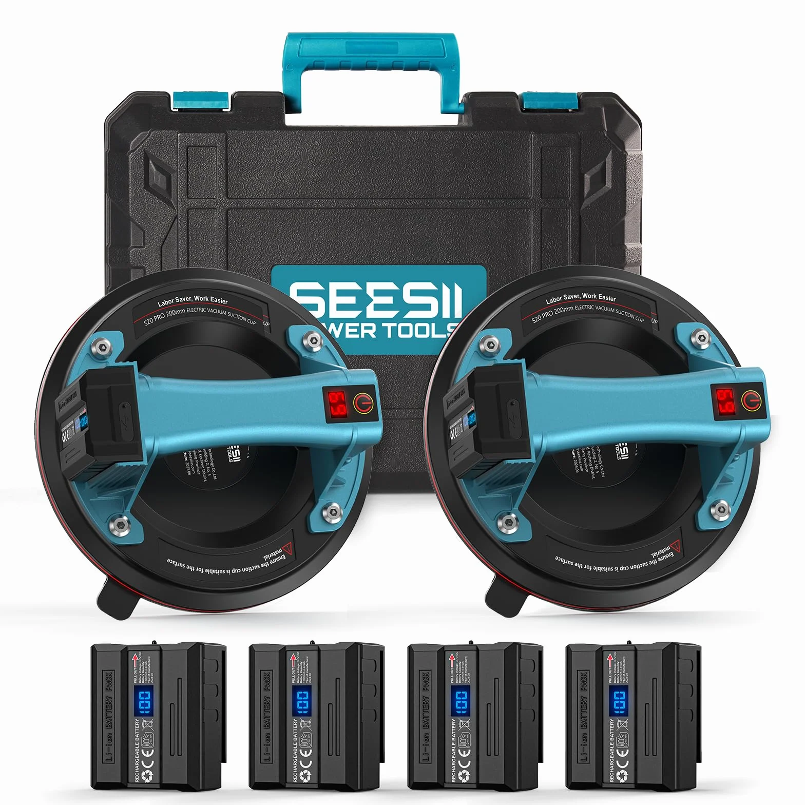 Seesii Ventosas Eléctricas para Cristal, 2 Piezas 200mm Ventosas de Vacío con 4x Baterías 2400mAh, Pantalla LCD, Carga Máx. 270 kg – Professional Ventosa para Azulejos, Madera, Pisos y Cargas Pesadas