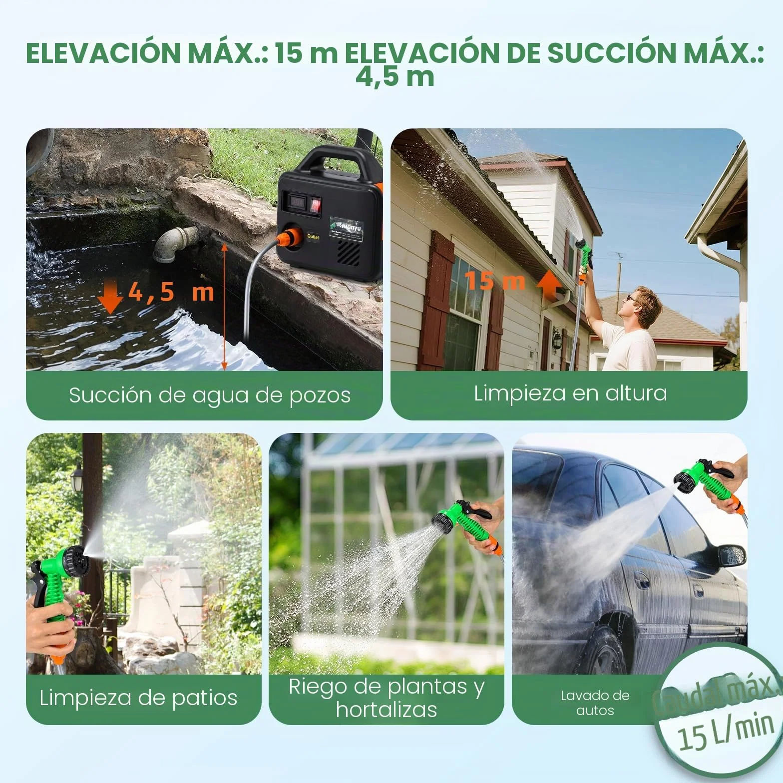 Huanyu Bomba Inalámbrica de Transferencia de Agua Bomba de Agua a Batería con 2x22500mAh 21V Baterías Bomba Eléctrica Portátil con Kit de Manguera de Agua Larga para Riego y Limpieza