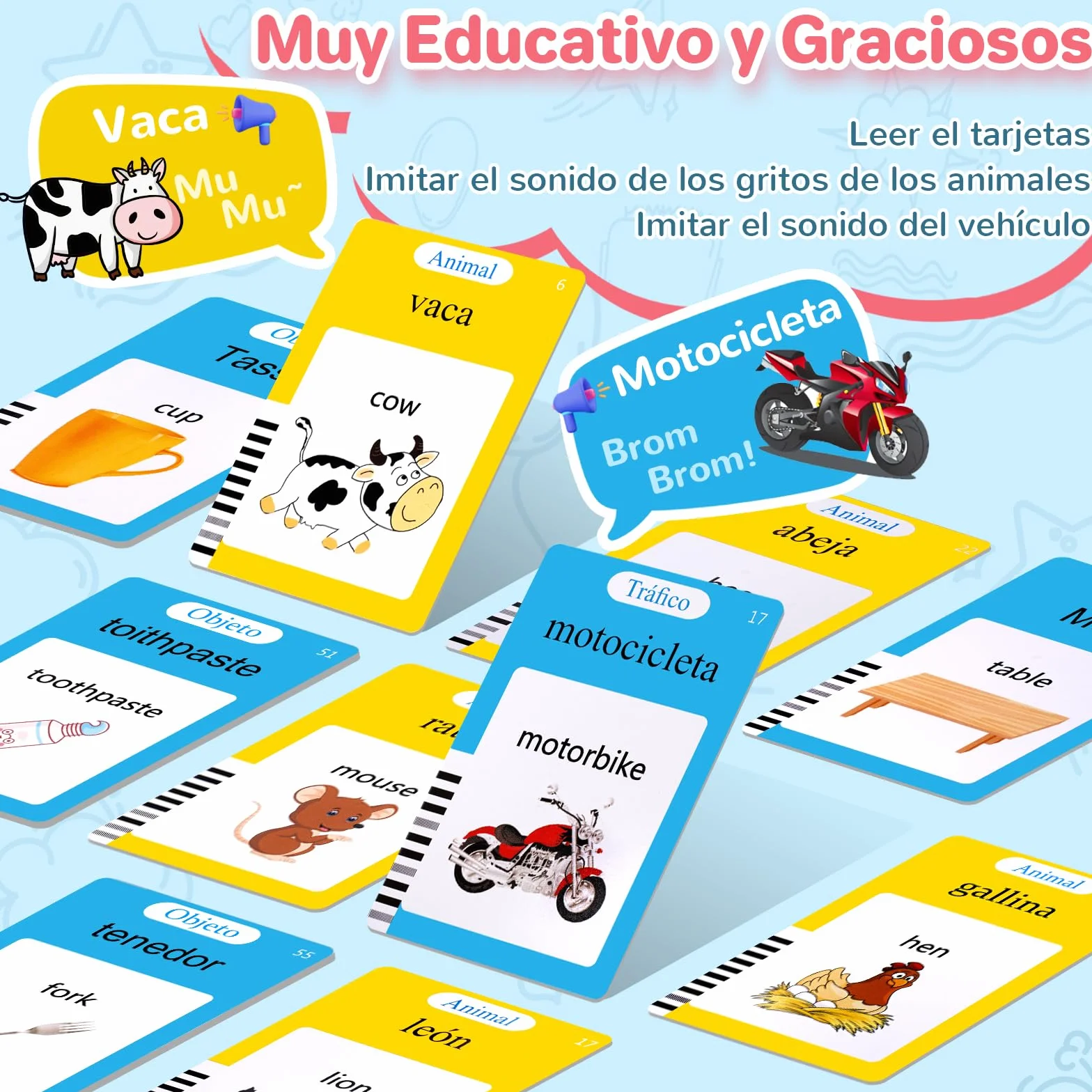 AHJ Tarjetas Flash Parlantes Español 112 Hojas 224 Palabras Juguete Montessori 3 Modo Idioma Español Inglés Bilingüe Azul