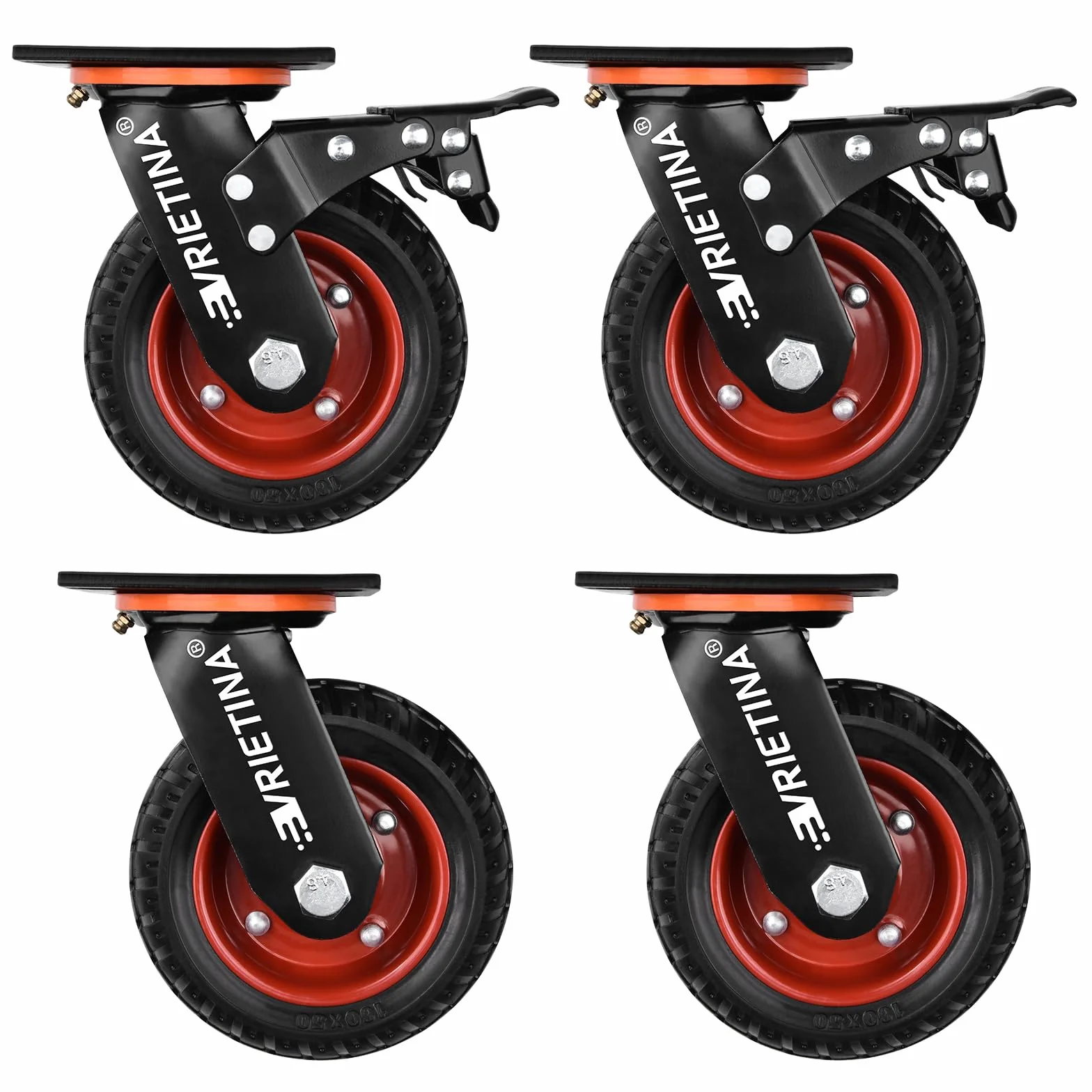4 ruedas giratorias de alta resistencia de 200 mm con freno, ruedas de transporte giratorias de 360° con placa superior reforzada, ruedas de caucho macizo antideslizantes de policloruro, 1200 kg