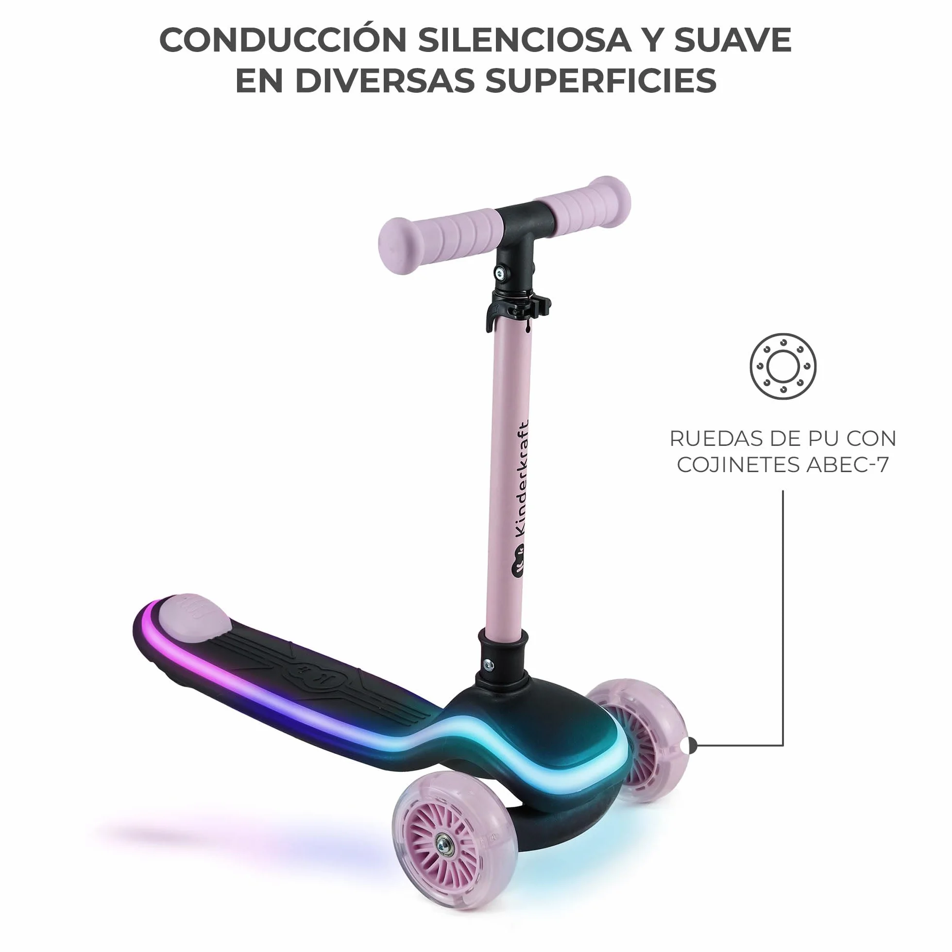 Kinderkraft RAKET Patinete para niños 1 año 50 kg Ruedas LED Manillar Regulable Altura Rosa