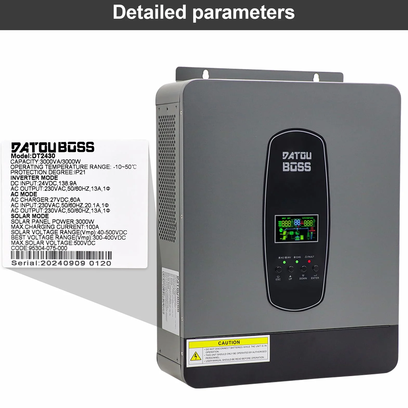 DATOUBOSS 3000W Pure Sine inversor híbrido 24V DC a 230V AC con 80A MPPT Controlador de Carga Solar para Plomo-ácido y baterías de Litio