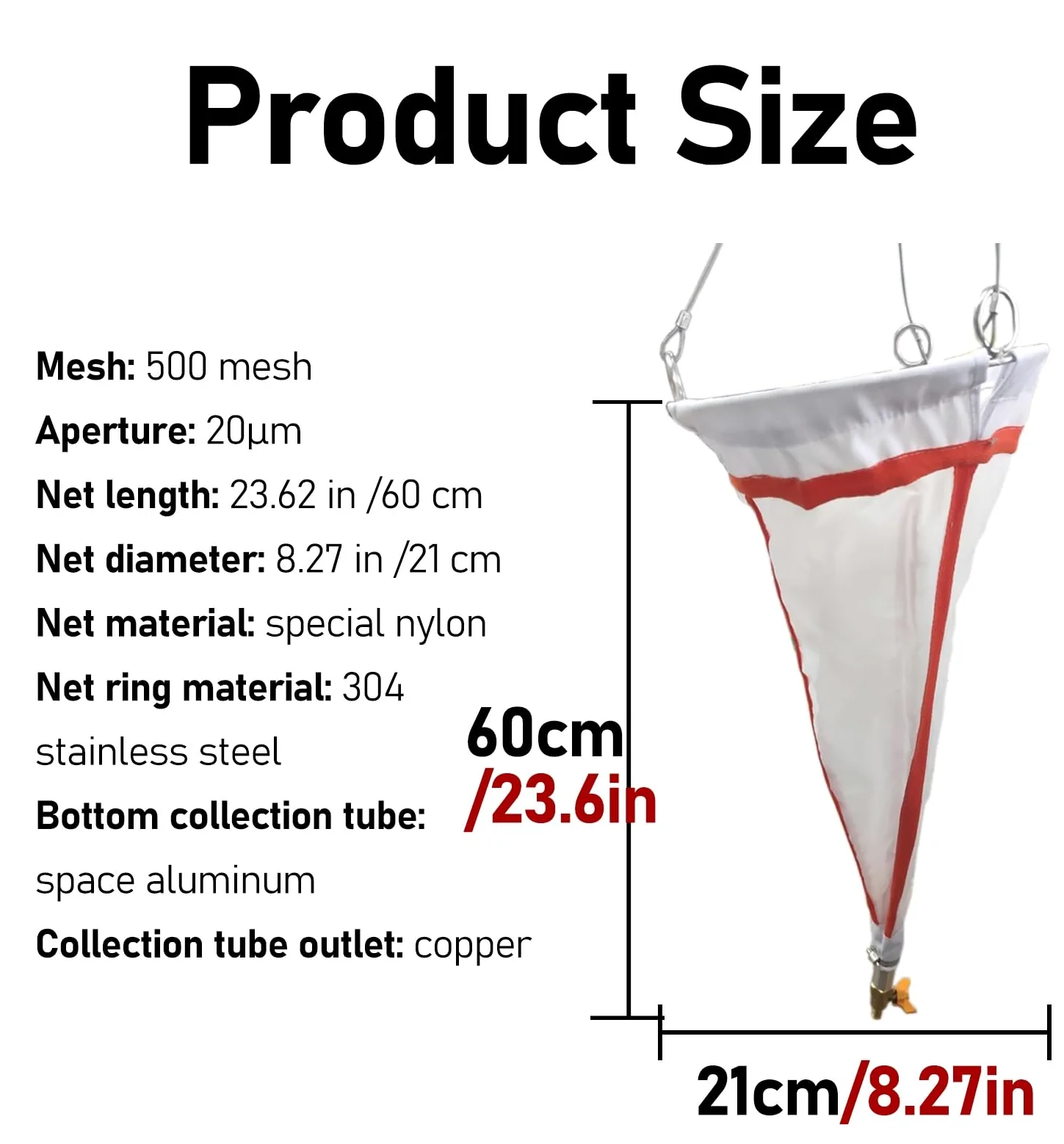 plankton network Red de arrastre para plancton de malla 625/500: 23,62 pulgadas de largo, 8,27 pulgadas de diámetro, red de recolección de plancton de 20/25 μm, nailon experimental engrosado(25 Micron