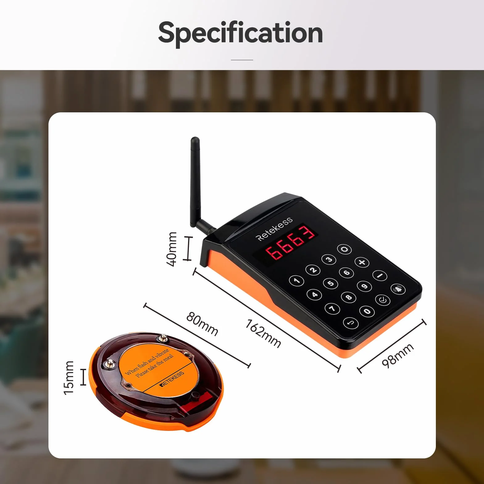 Retekess TD156 Buscapersonases Restaurante, 800M Avisadores Hosteleria, IP66 Impermeable, Goma a Prueba de Caídas, Batería 500 mAh 48H, Sistema de Llamadas para Logística, Hotele, Parque Acuático