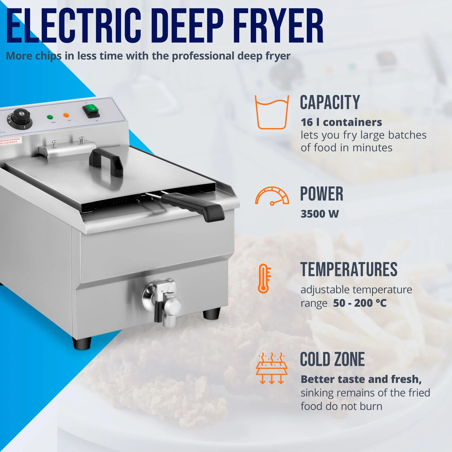 Royal Catering Freidora Eléctrica Para Hostelería 16 Litros 230 V RCEF 16EB (3.500 Watt, Grifo De Vaciado, Temperatura: 50-200 °C)