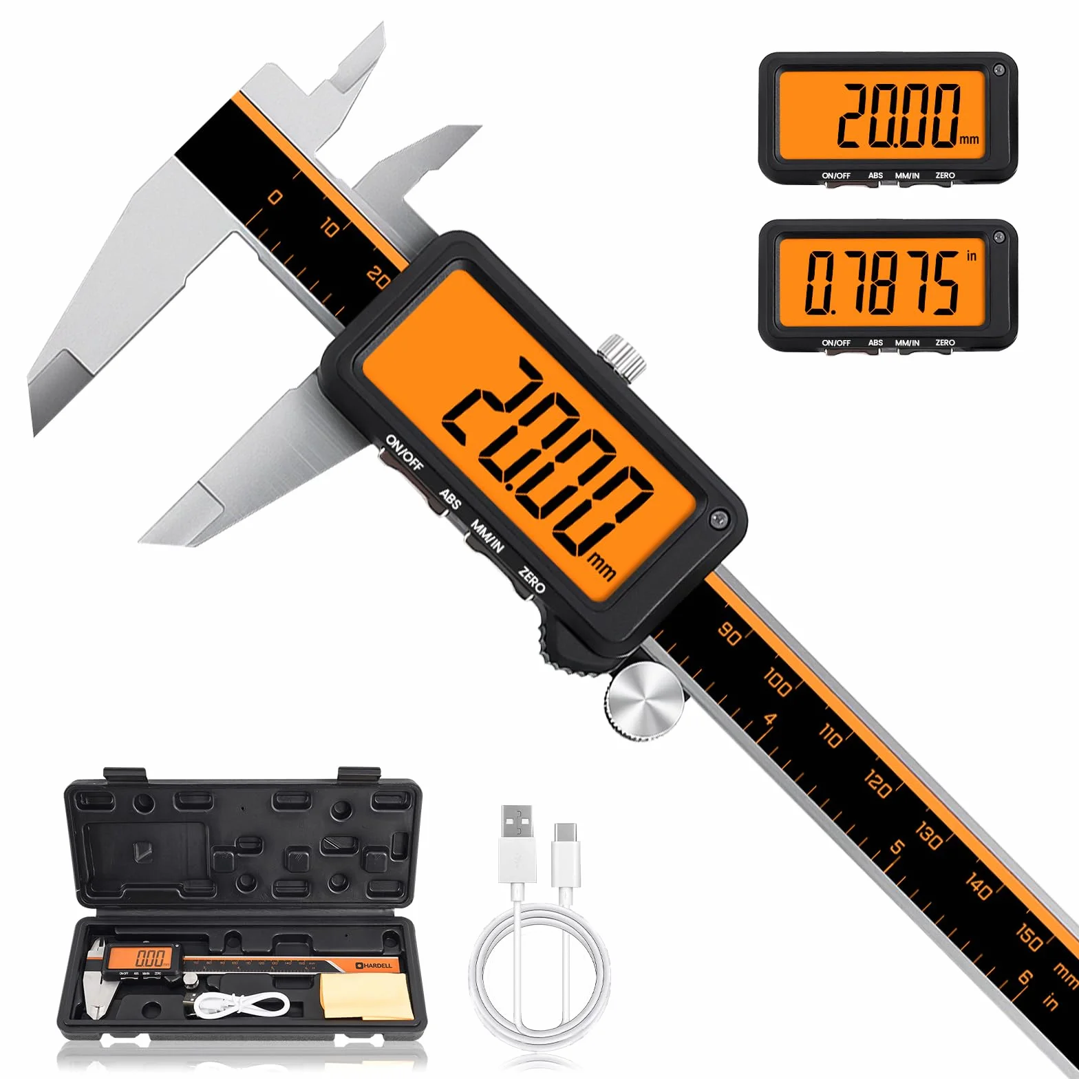 HARDELL Calibrador digital recargable LCD antirreflejos ABS acero inoxidable micrómetro pulgadas/mm