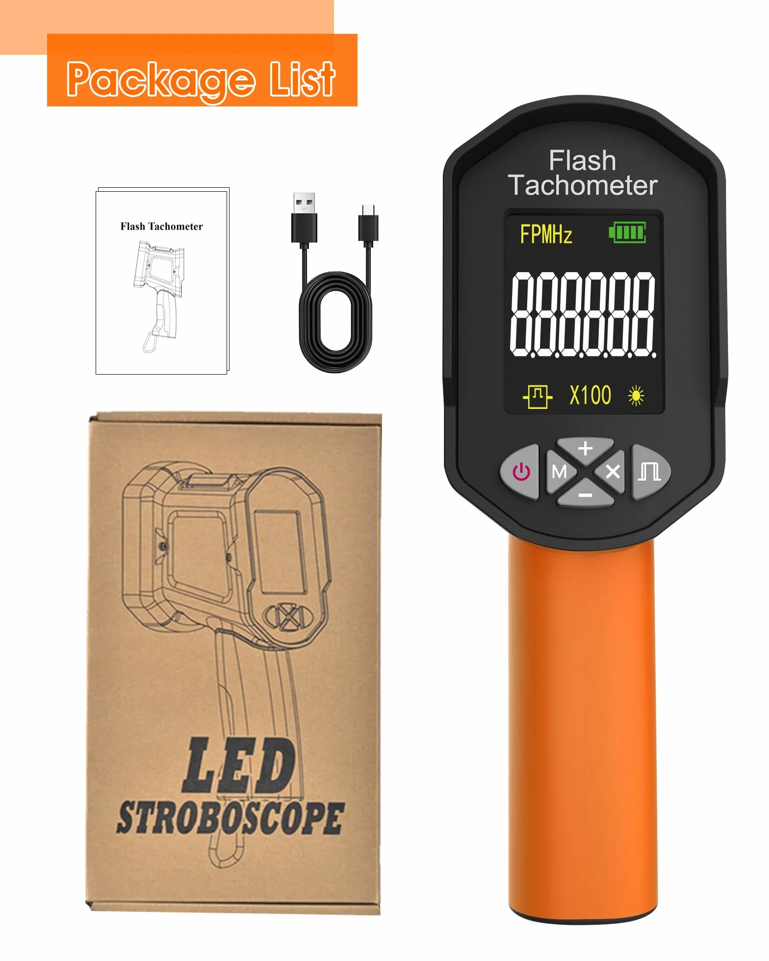 Estroboscopio LED Tacómetro Digital Sin Contacto 60-100.000 RPM Recargable USB Pantalla LCD