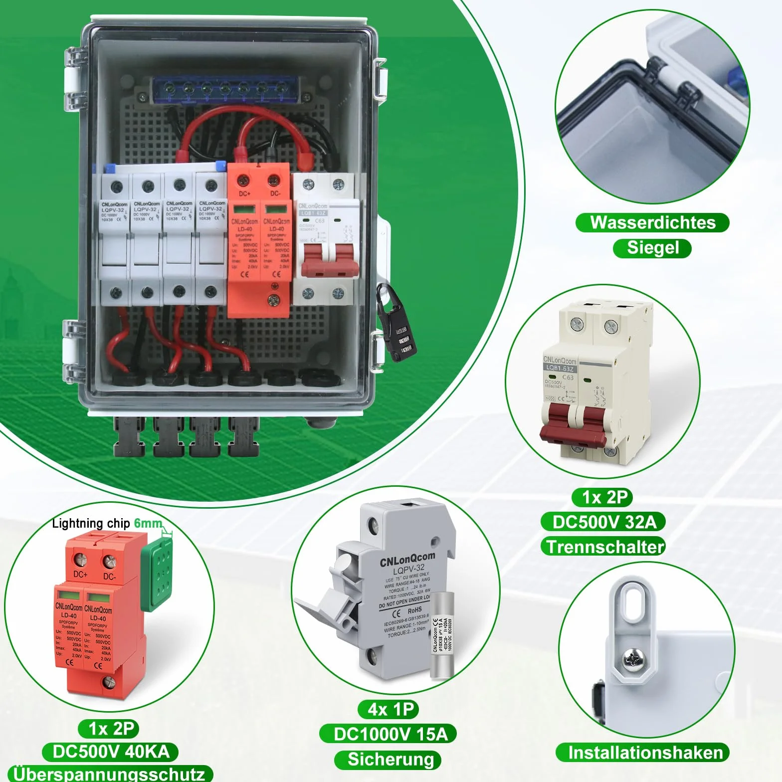 Protección contra sobretensiones PV caja de fusibles CC interruptor de protección contra rayos módulos 4 cuerdas 4 en 1 salida DC 500 V 20-40 KA con IP65 caja de conexiones impermeable para