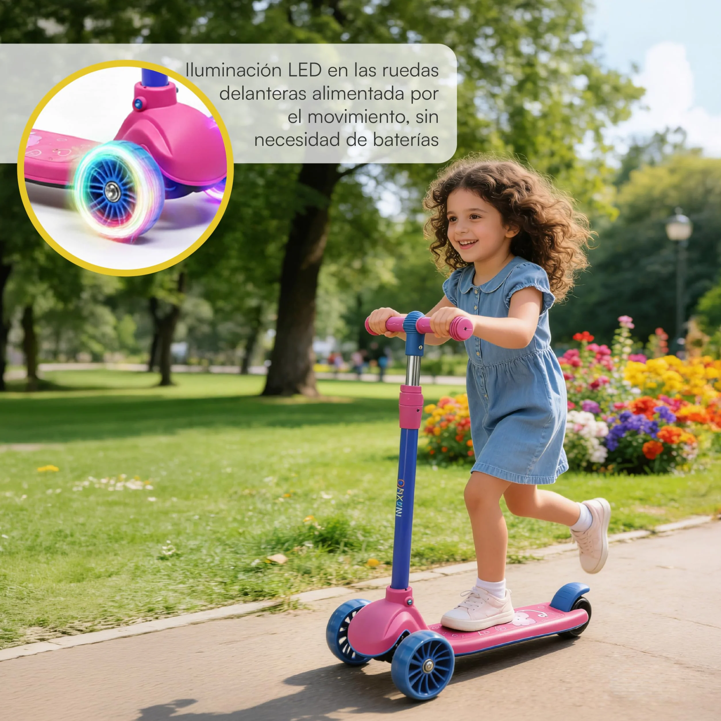 Baroni Toys Patinete 3 ruedas niños LED luminosas sin pilas manillar ajustable 3 alturas freno trasero 52x25x81 cm rosa
