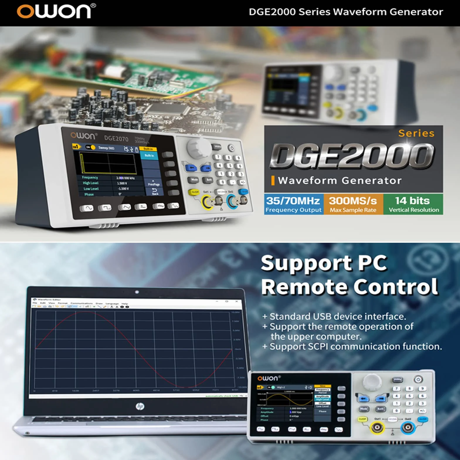 OWON DGE2070 Arbitrary Waveform Generador AWG 14bit resolución vertical 2CH 70MHz 300MSa/s 3,6 pulgadas LCD Digital Señal Generador