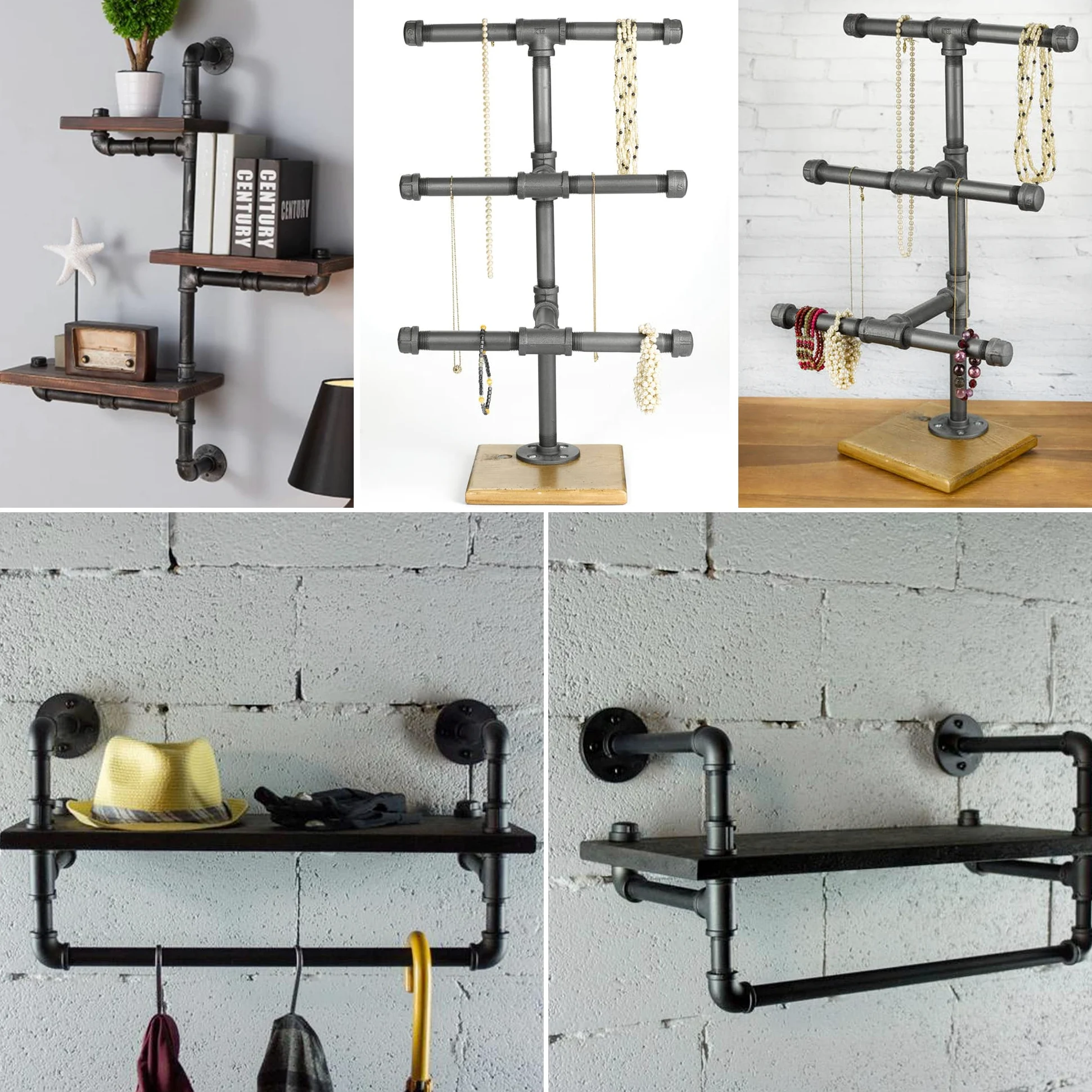 DSDS Paquete de 10 camisetas de hierro maleable rústico industrial negro para tuberías, estantes, muebles, decoración del hogar