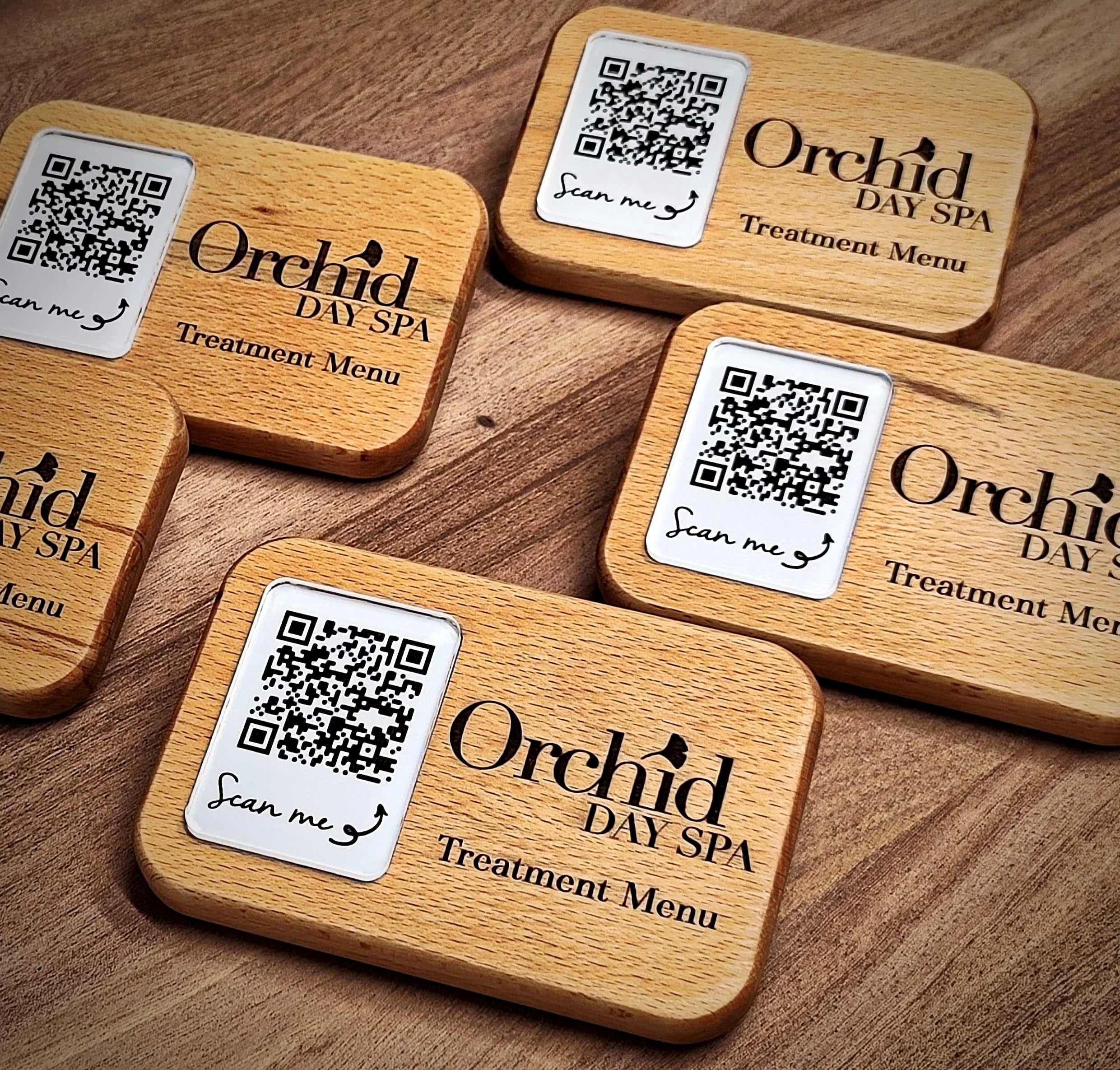 Paquete de 5 carteles de madera acrílica grabados para dejar reseñas de precios menú de pago qr soporte de señal para café, restaurante, tienda