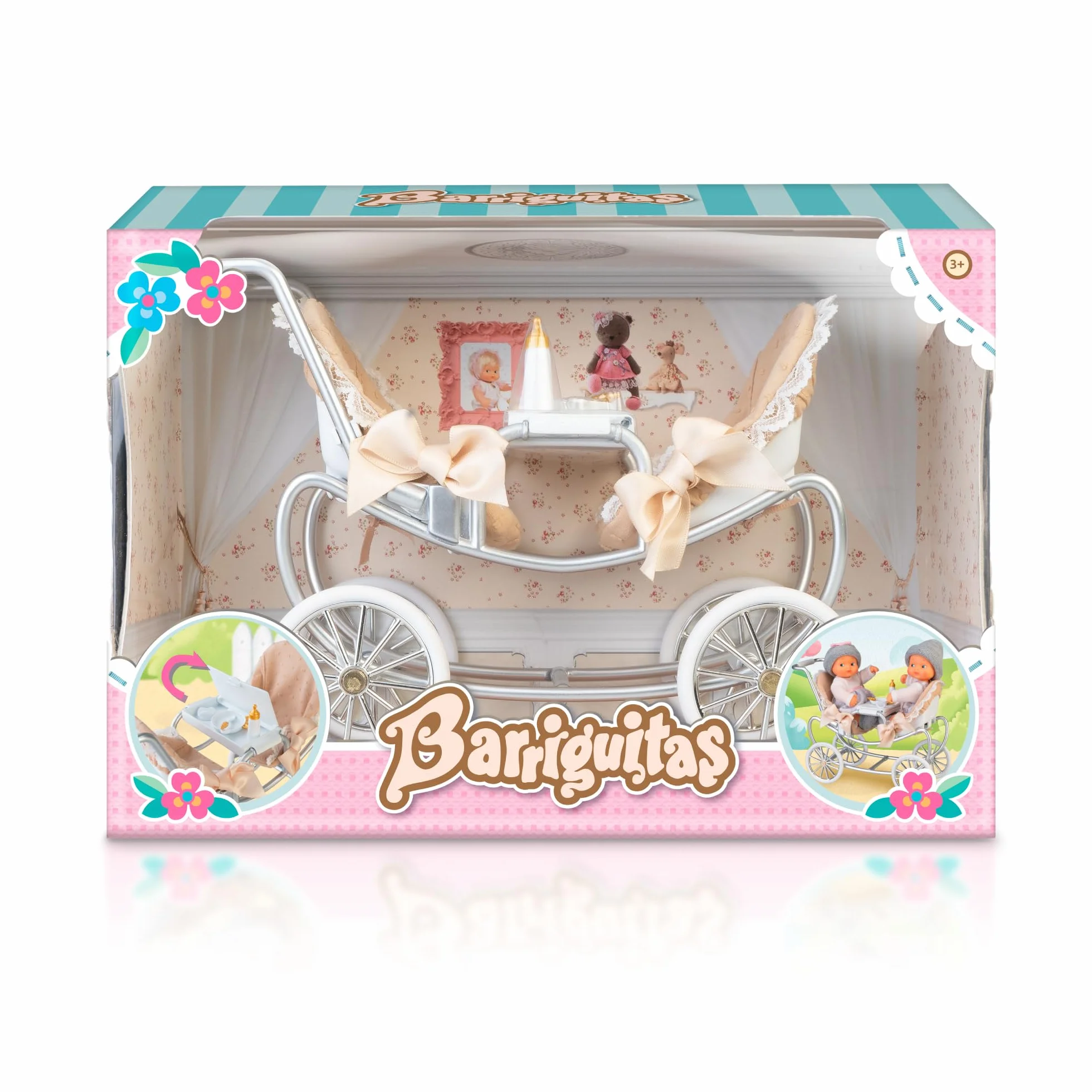 Famosa Barriguitas Carrito de Gemelos Set de Juguete con Carro de Paseo para Muñecas Bebés 4 Accesorios