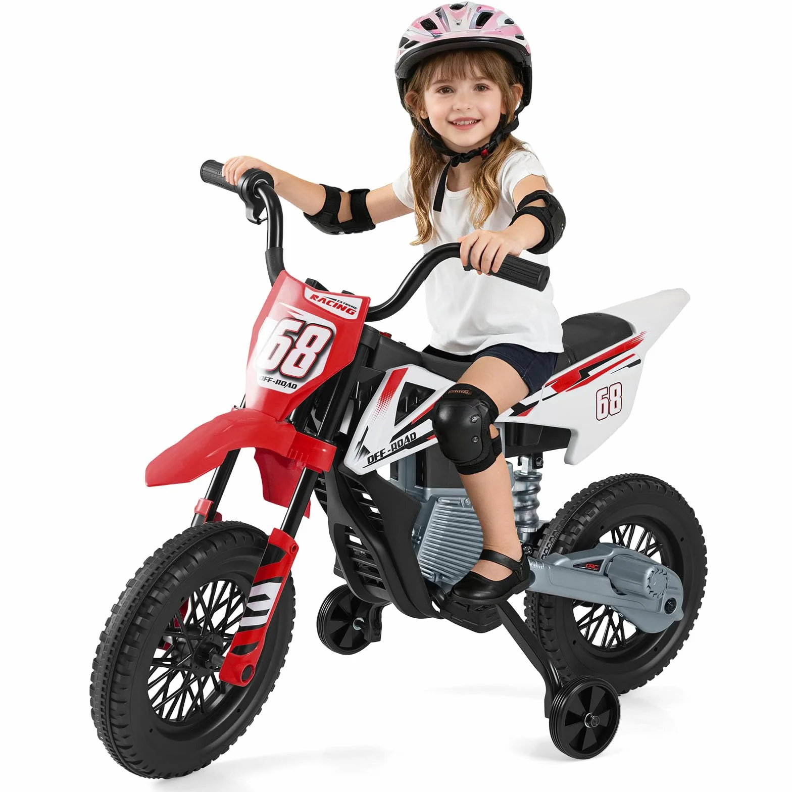 COSTWAY Motocicleta Eléctrica Infantil 12V con Ruedas de Entrenamiento Desmontables y Suspensión de Resorte (Rojo)