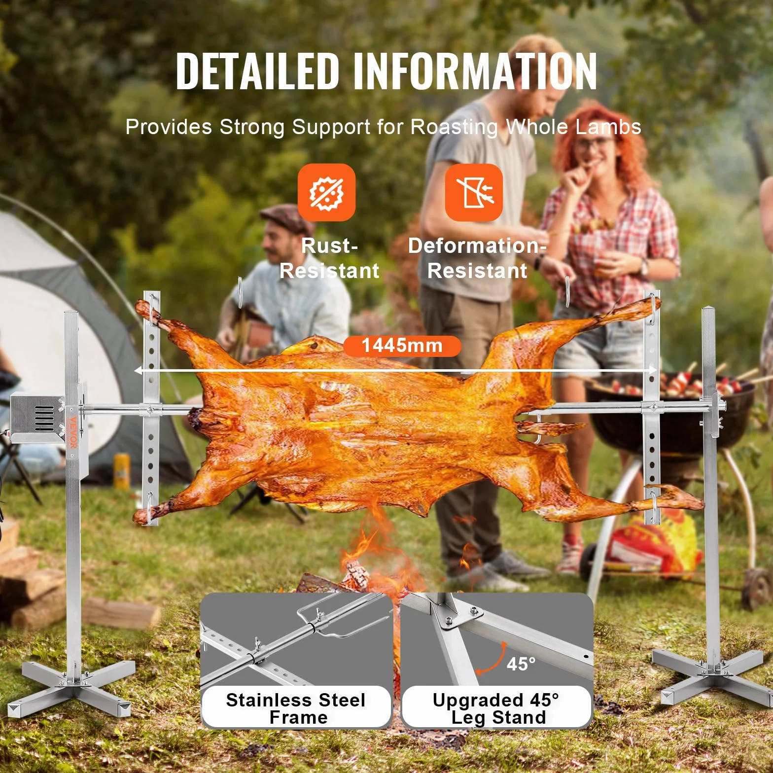 VEVOR Parrilla de Cordero 60 kg Parrilla de Barbacoa para Cerdo, Cordero, Cabra, Motor eléctrico de 52 W Asador Comercial de Acero Inoxidable con Escudo térmico, Longitud de asador de 1445 mm