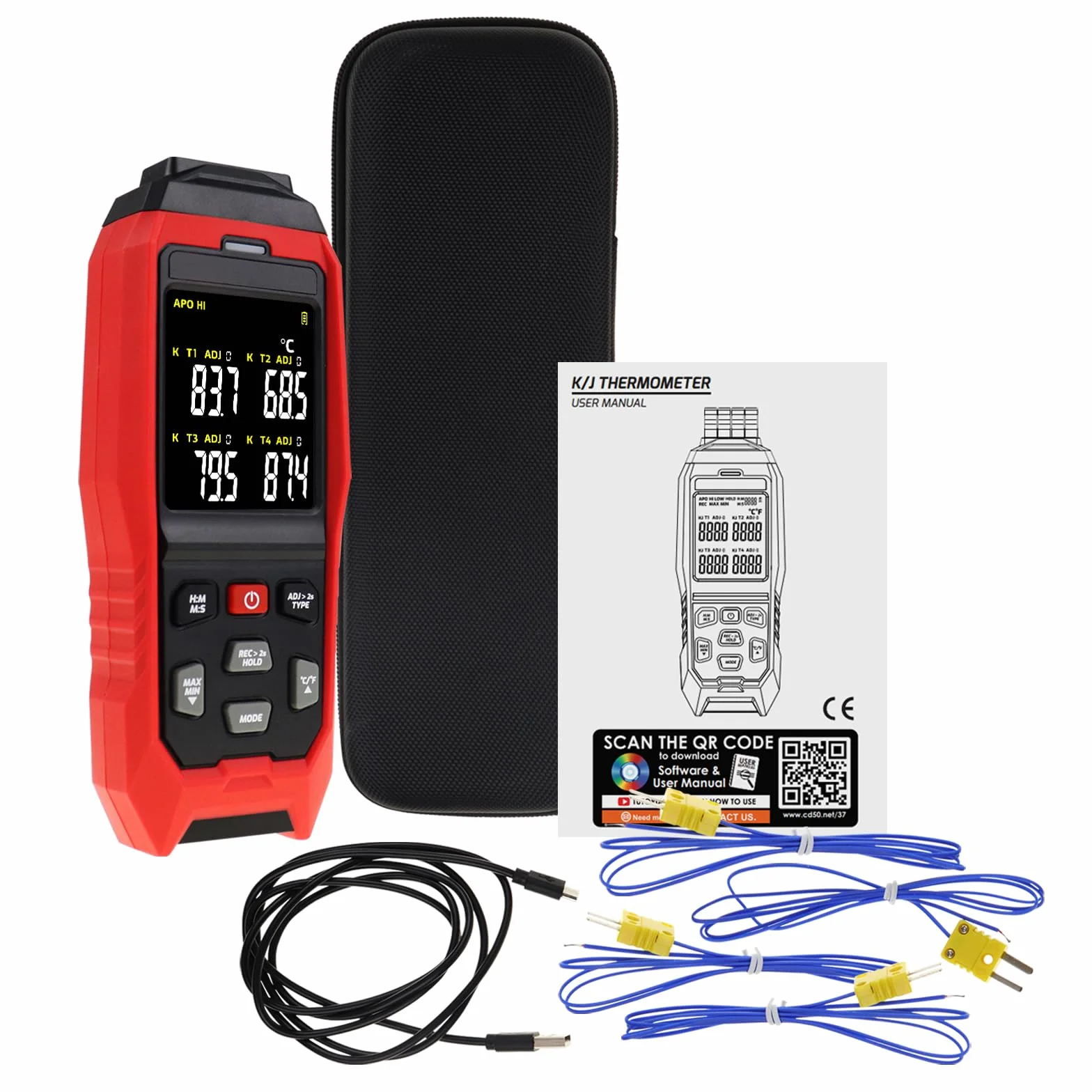 Termómetro K/J tipo registrador de datos Termómetro profesional de termopar con 5000 grupos de registro de temperatura, -328~2501℉ Medición Alarma acústica y visible, función de compensación ADJ