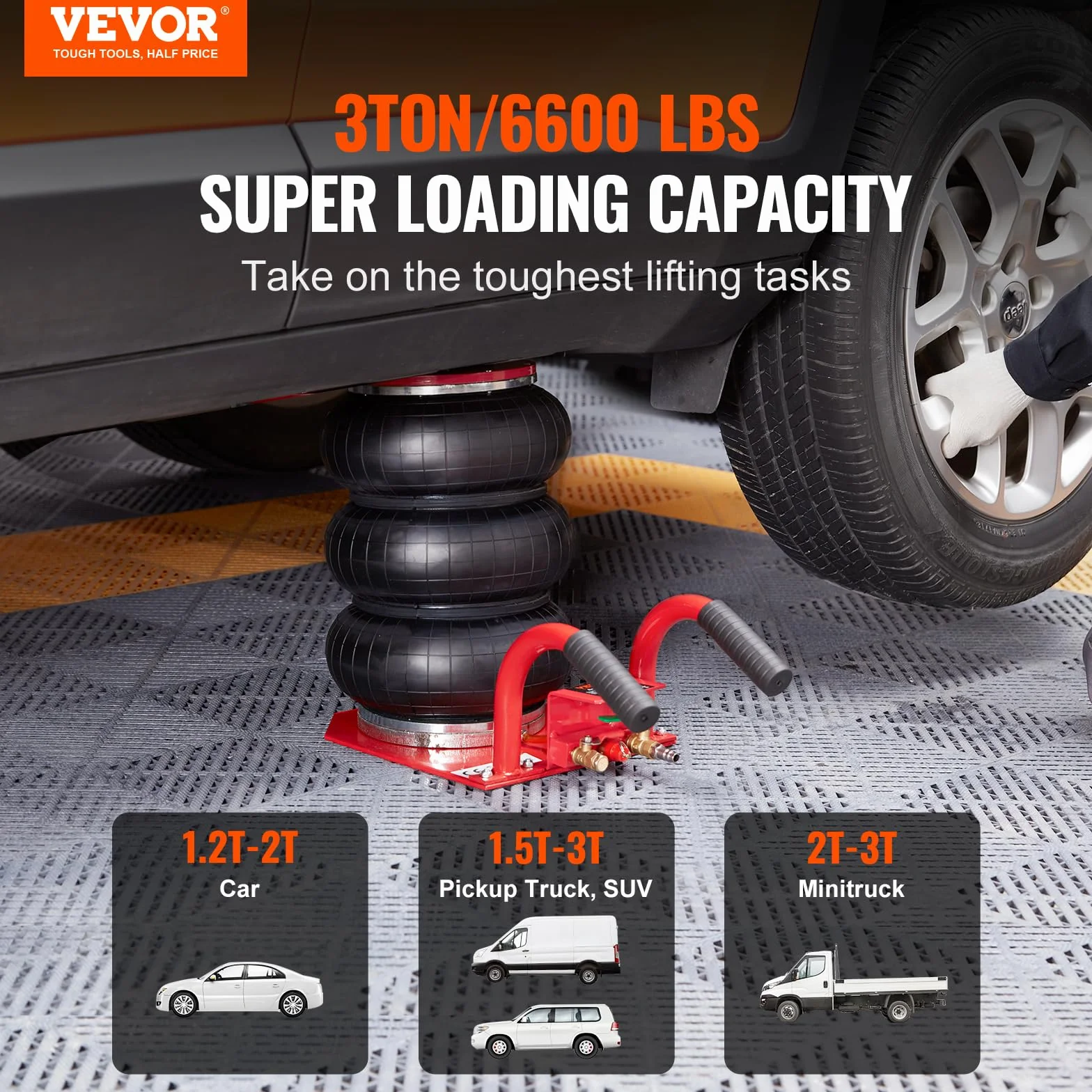 VEVOR Gato Neumático de Triple Bolsa Carga de 3 T Gato de Aire para Coche Elevación de 140-450 mm Gato Hidráulico Elevador Rápido para Reparación Mantenimiento Coche SUV Taller Garaje