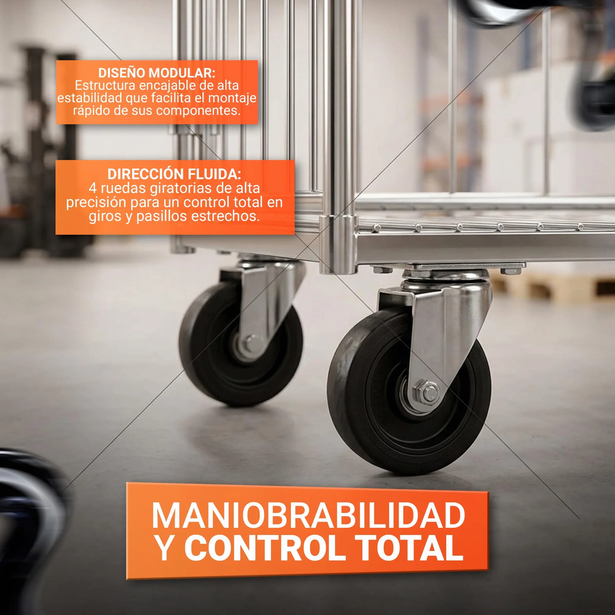 KM Roll Container 3 Lados – Carro Industrial con Ruedas Giratorias de 100mm, Estructura Zincada Resistente. Capacidad 400 kg, Diseño Desmontable. Ideal para Almacenes y Logística Profesional.