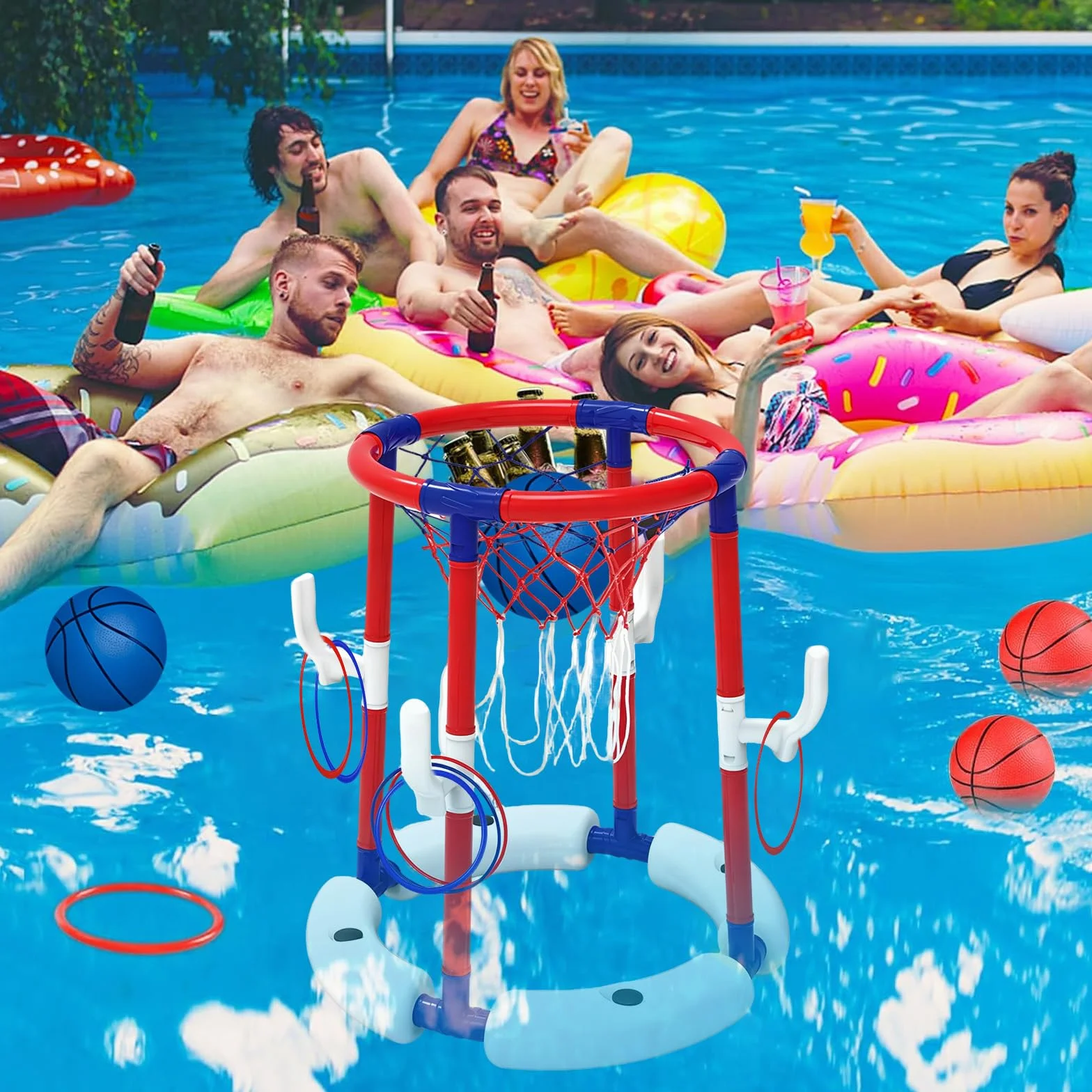 Baloncesto Flotante Hinchable para Piscina, Juguete Acuático de Verano y Playa